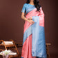 Astita Graceful Peach & Blue Banarasi Silk Saree with Rich Zari Woven Border - Traditional Elegance for Celebrations | Swadesiicart