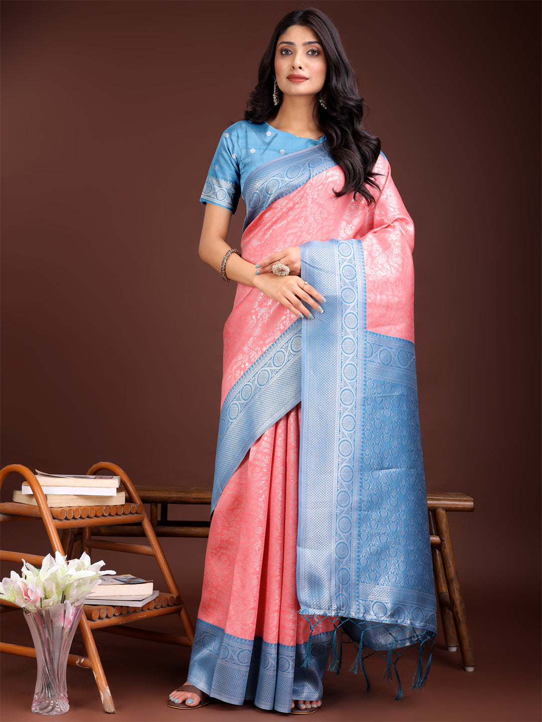 Astita Graceful Peach & Blue Banarasi Silk Saree with Rich Zari Woven Border - Traditional Elegance for Celebrations | Swadesiicart