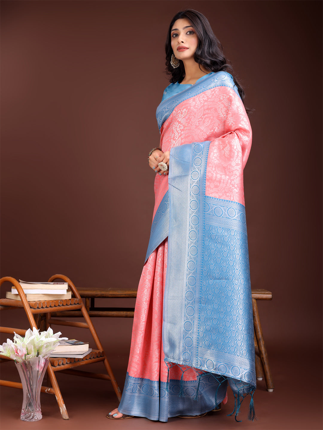 Astita Graceful Peach & Blue Banarasi Silk Saree with Rich Zari Woven Border - Traditional Elegance for Celebrations | Swadesiicart