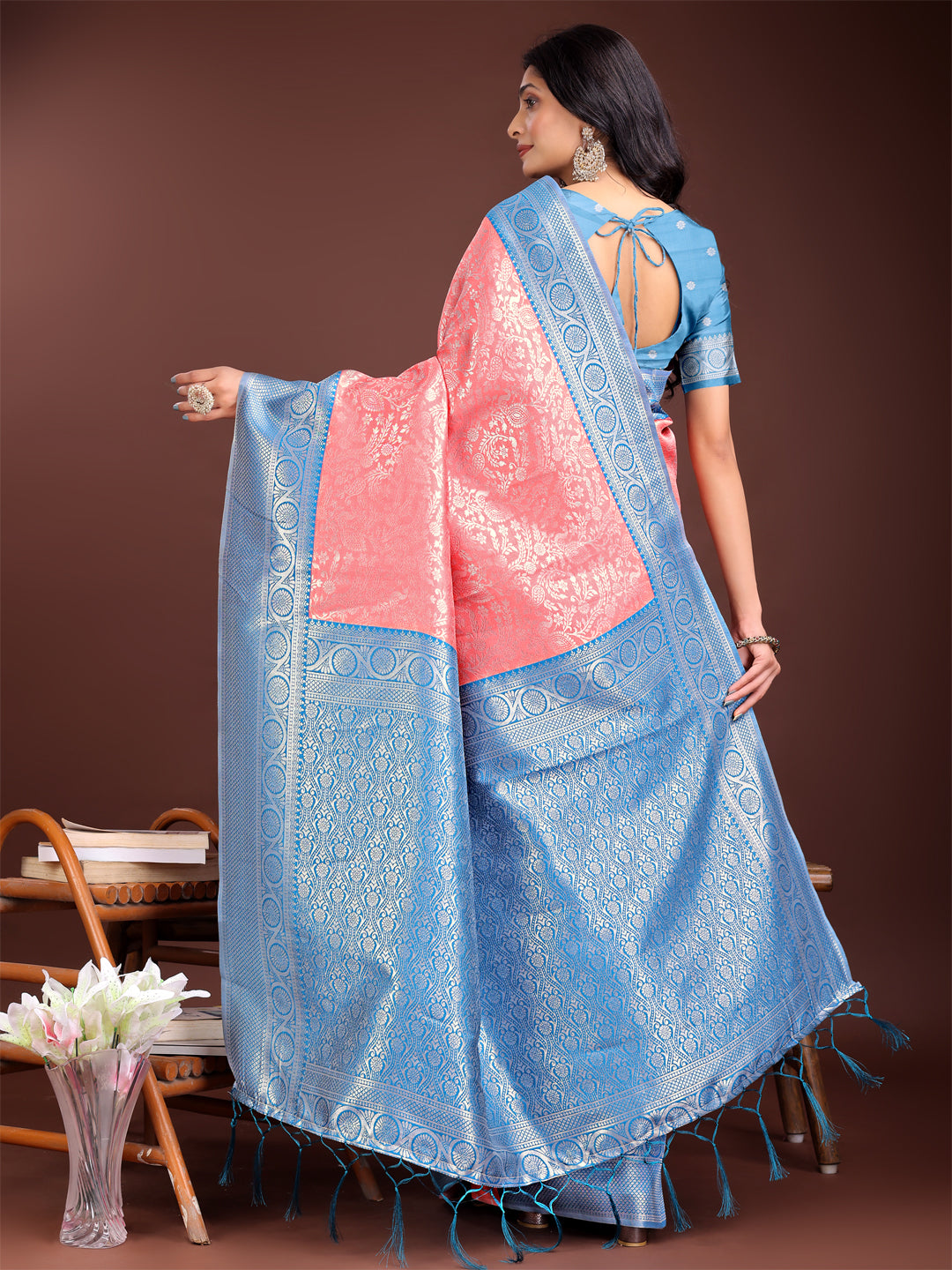 Astita Graceful Peach & Blue Banarasi Silk Saree with Rich Zari Woven Border - Traditional Elegance for Celebrations | Swadesiicart