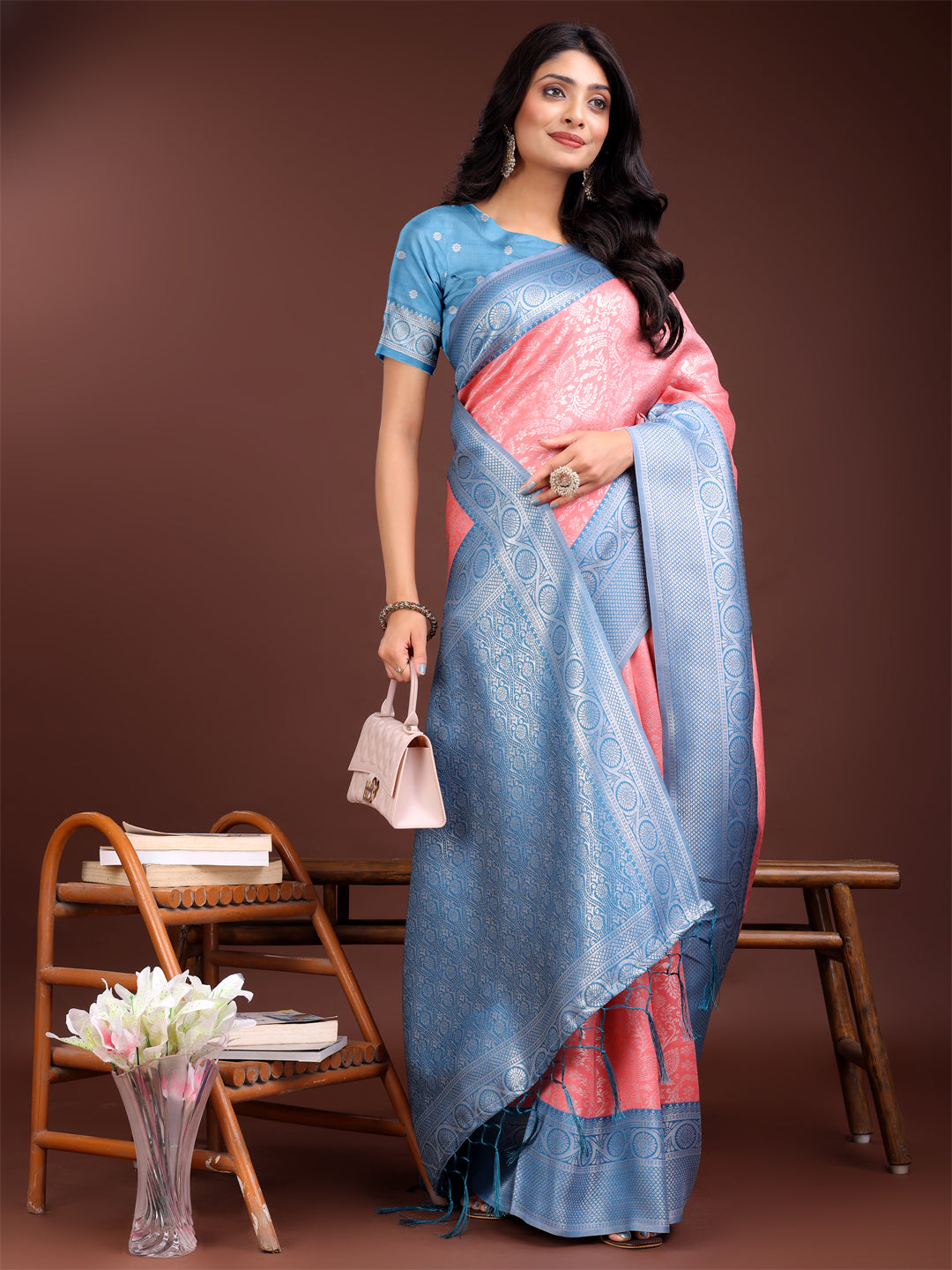 Astita Graceful Peach & Blue Banarasi Silk Saree with Rich Zari Woven Border - Traditional Elegance for Celebrations | Swadesiicart