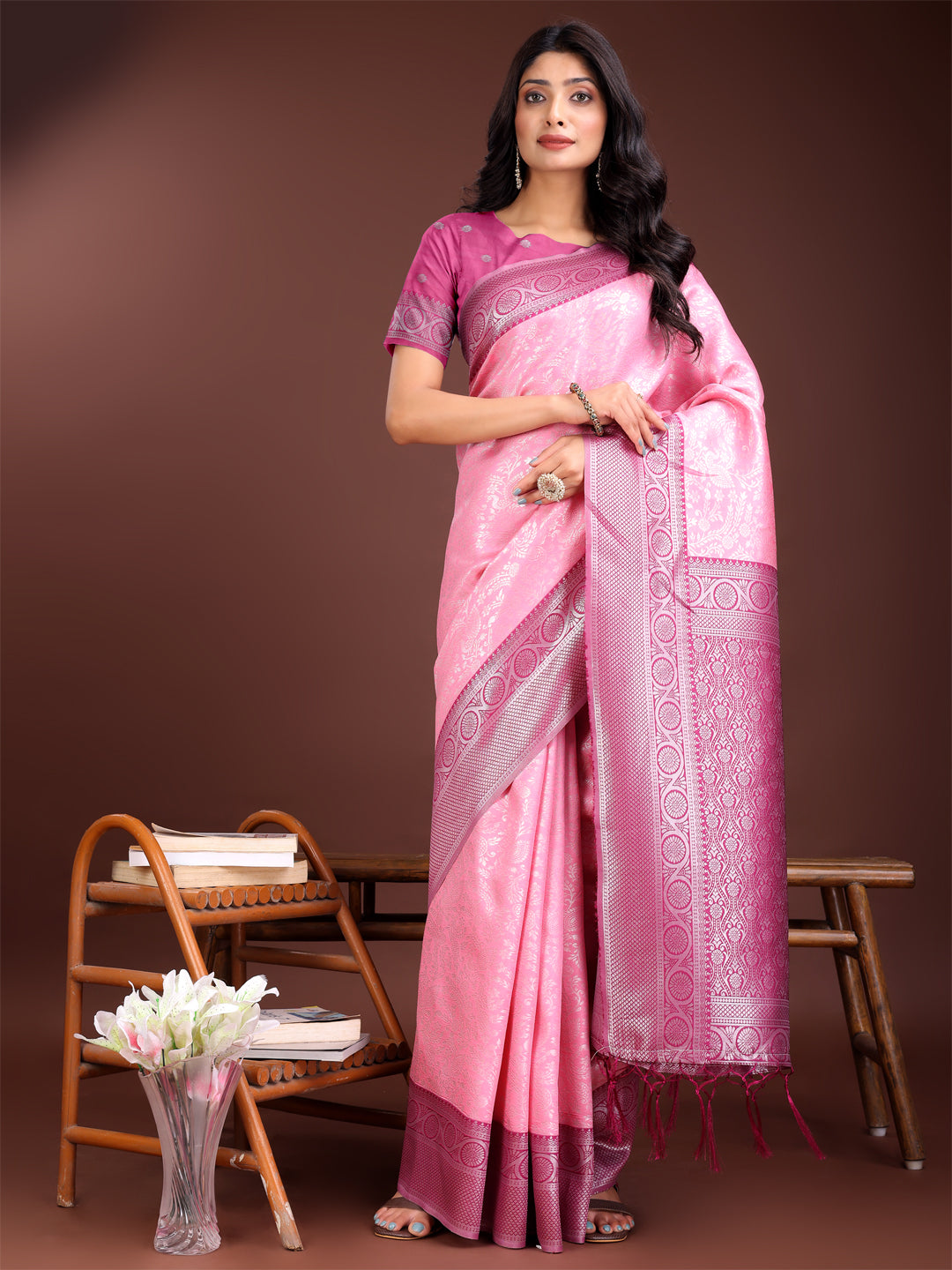 Astita Graceful Light Pink & Pink Banarasi Silk Saree with Rich Zari Woven Border - Traditional Elegance for Celebrations | Swadesiicart