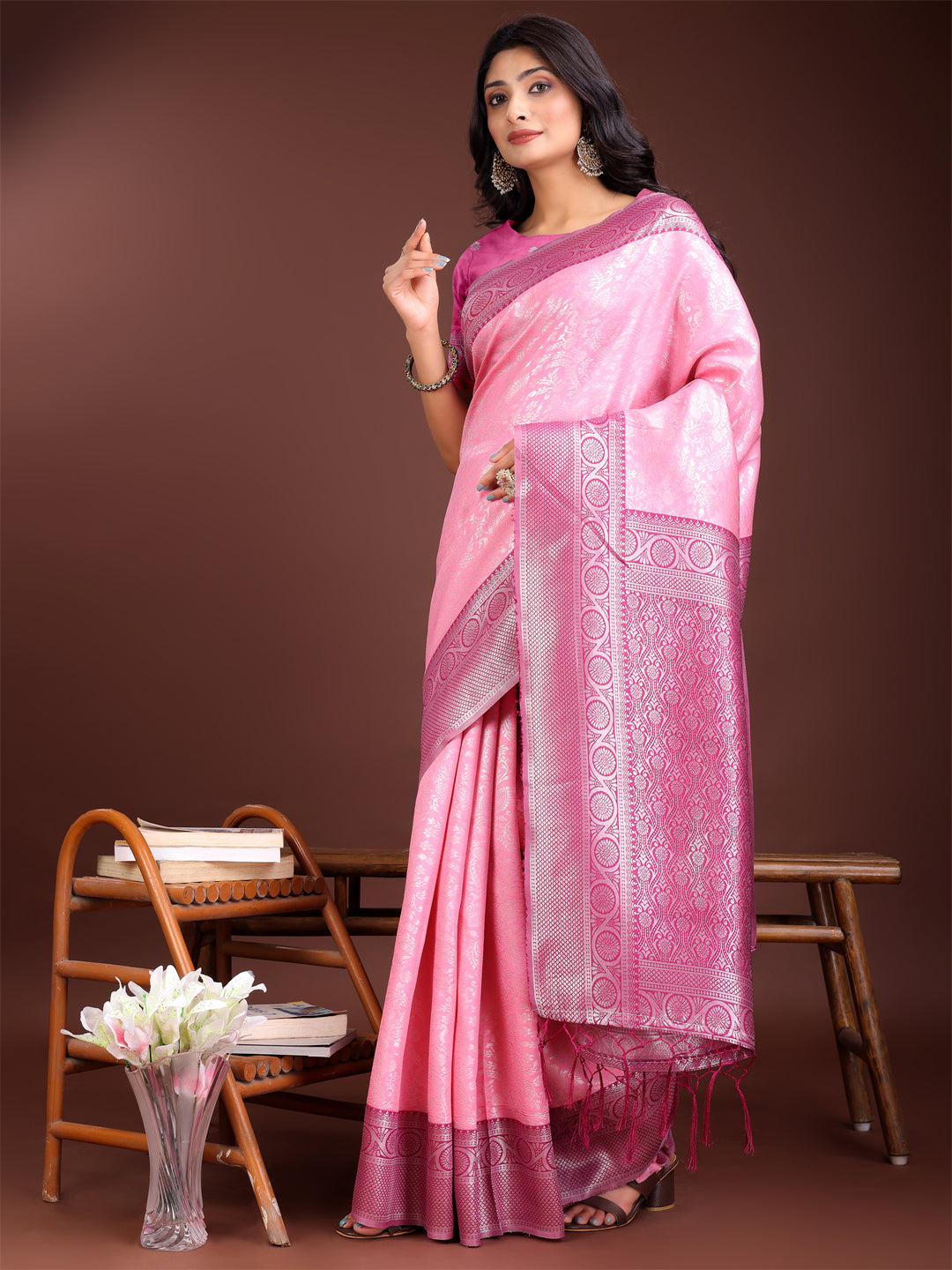Astita Graceful Light Pink & Pink Banarasi Silk Saree with Rich Zari Woven Border - Traditional Elegance for Celebrations | Swadesiicart