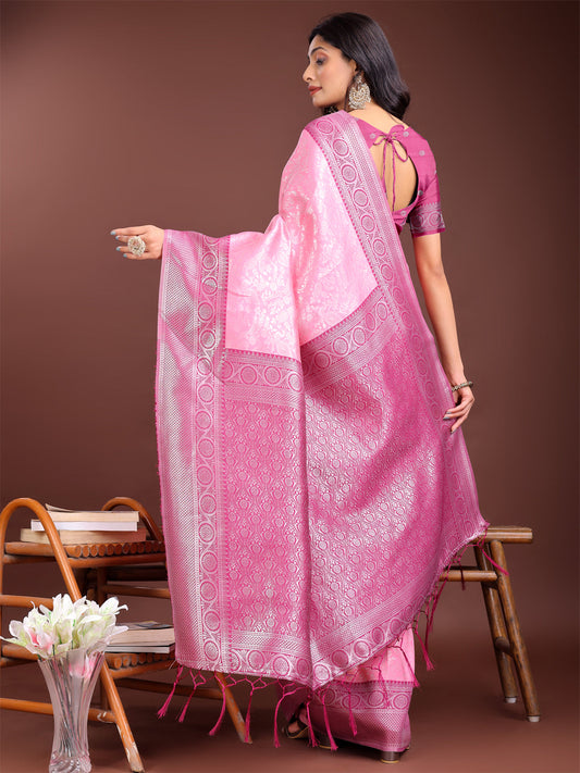 Astita Graceful Light Pink & Pink Banarasi Silk Saree with Rich Zari Woven Border - Traditional Elegance for Celebrations | Swadesiicart