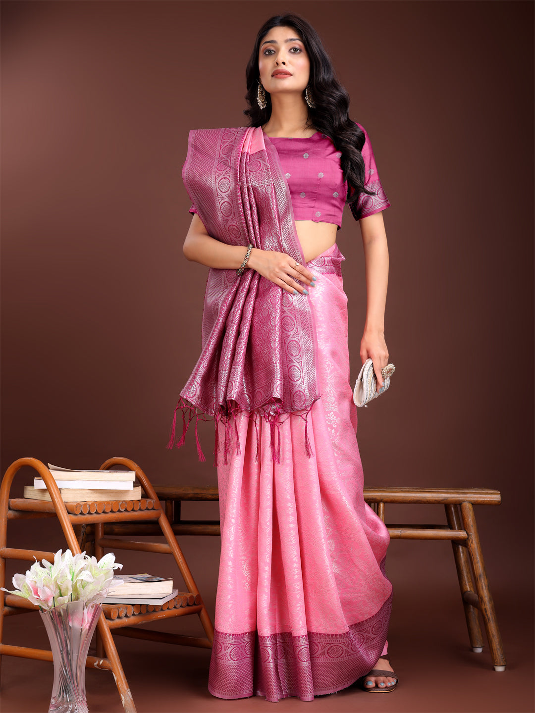 Astita Graceful Light Pink & Pink Banarasi Silk Saree with Rich Zari Woven Border - Traditional Elegance for Celebrations | Swadesiicart