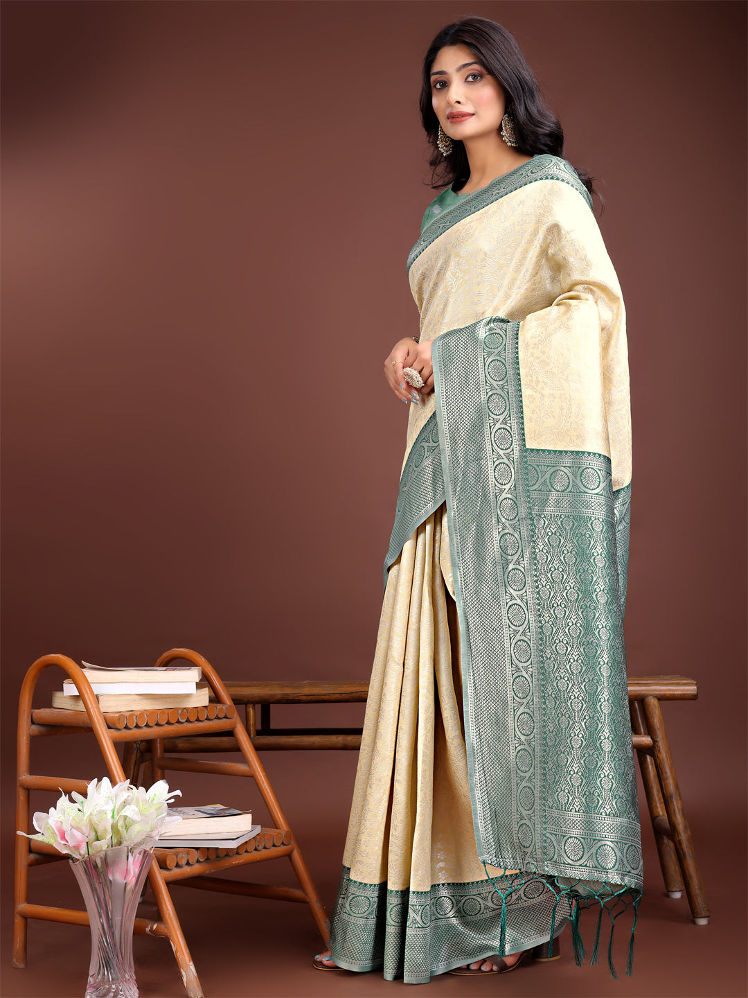 Astita Graceful Cream & Green Banarasi Silk Saree with Rich Zari Woven Border - Traditional Elegance for Celebrations | Swadesiicart