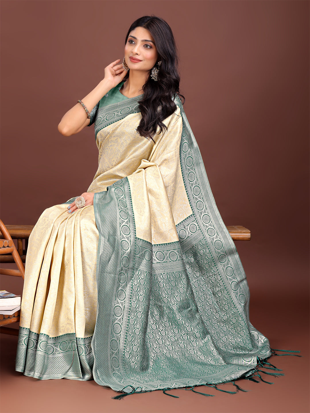 Astita Graceful Cream & Green Banarasi Silk Saree with Rich Zari Woven Border - Traditional Elegance for Celebrations | Swadesiicart