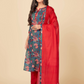 NOZ2TOZ Women's Printed & Gota Patti Work Straight Cotton Blue Kurta Pant With Dupatta (3Pcs Set) - Noz2Toz