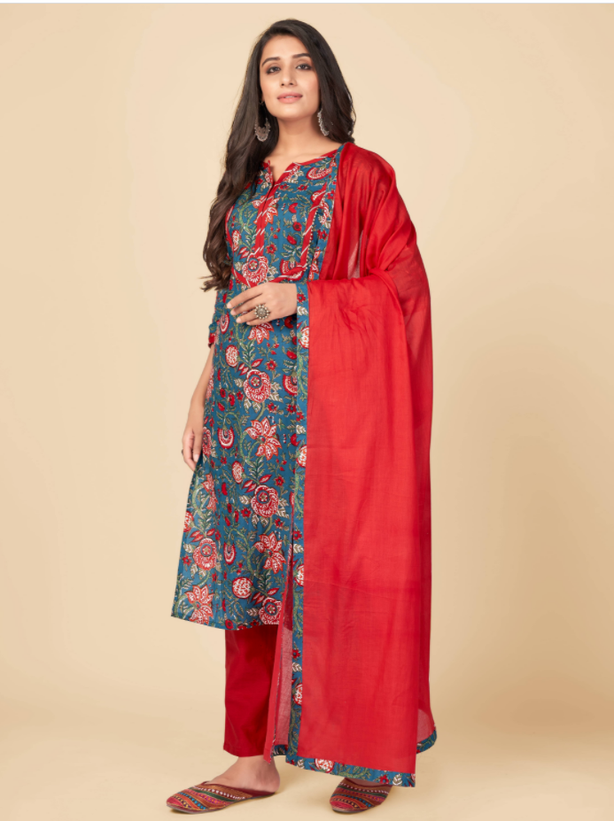 NOZ2TOZ Women's Printed & Gota Patti Work Straight Cotton Blue Kurta Pant With Dupatta (3Pcs Set) - Noz2Toz