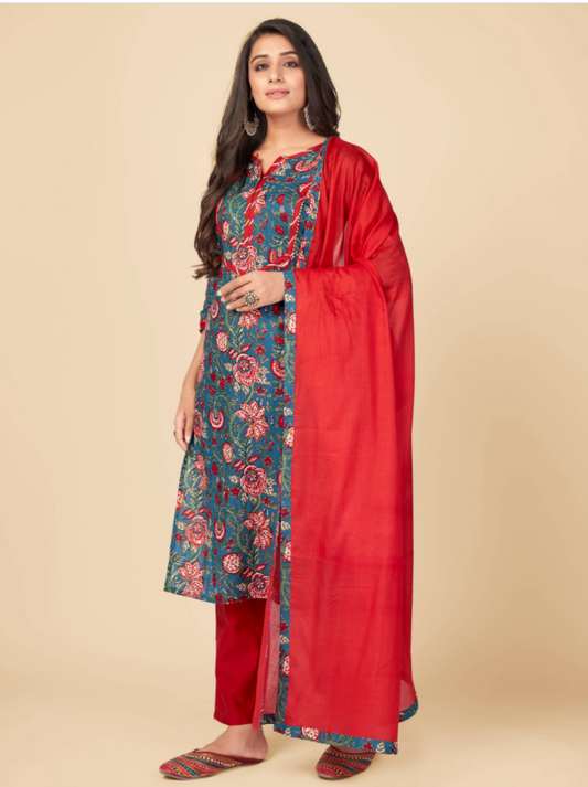 NOZ2TOZ Women's Printed & Gota Patti Work Straight Cotton Blue Kurta Pant With Dupatta (3Pcs Set) - Noz2Toz