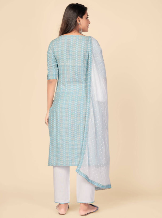 NOZ2TOZ Women's Printed & Hand Work Straight Cotton Sky Blue Kurta Pant With Dupatta (3Pcs Set) - Swadesiicart