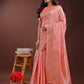 Shree Shyam Fashion Peach Pink Linen Cotton Saree with Golden Zari Leaf Design & Elegant Pallu - Festive | Office | Daily Wear