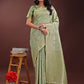 Shree Shyam Fashion Light Green Linen Cotton Saree with Golden Zari Leaf Design & Elegant Pallu - Festive | Office | Daily Wear