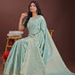 Shree Shyam Fashion Sea Green Linen Cotton Saree with Golden Zari Leaf Design & Elegant Pallu - Festive | Office | Daily Wear
