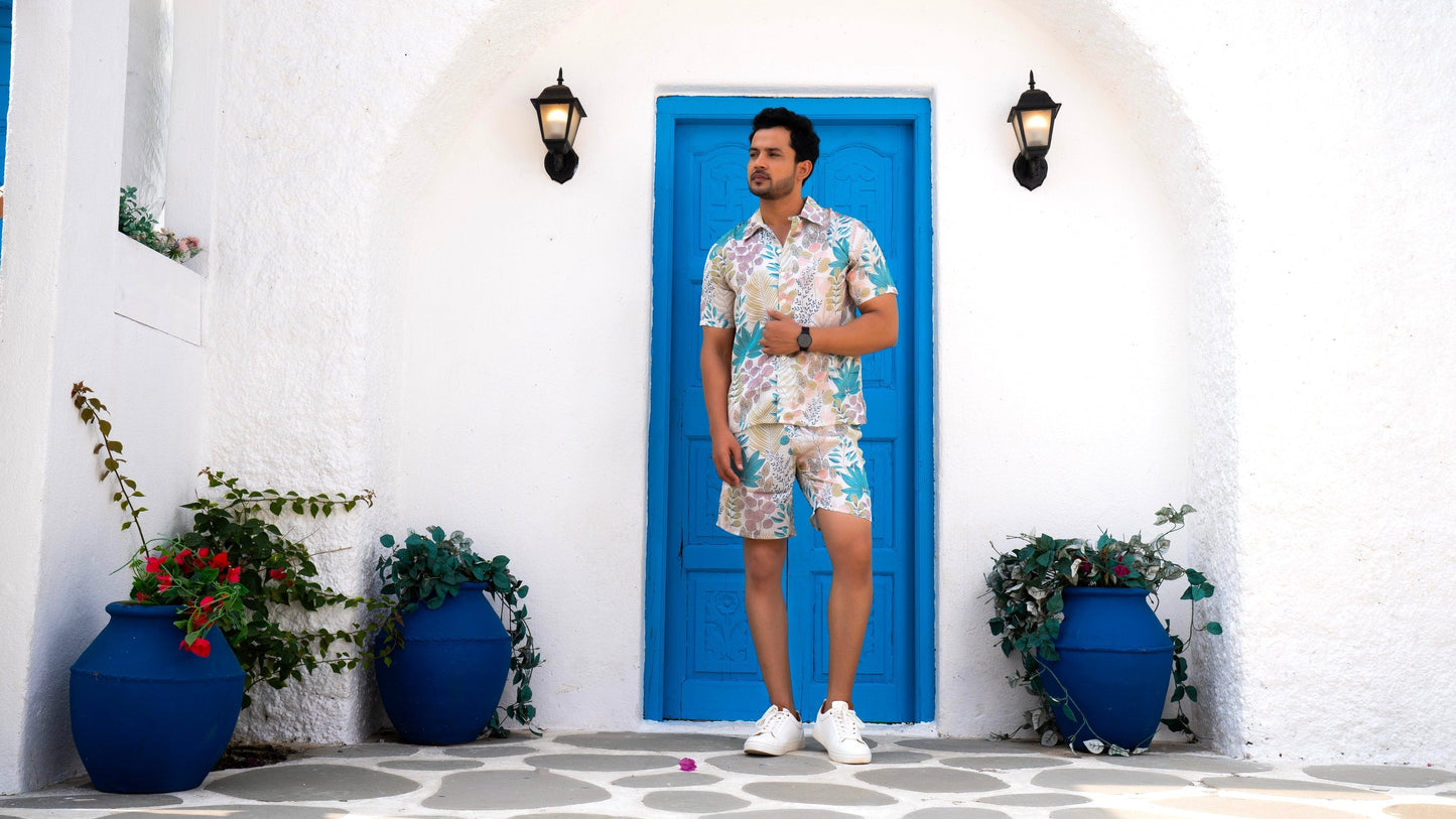Noroke Sustainable fabric | Linen Satin Linen Blue Leaf Co-ord Set Men - Swadesiicart