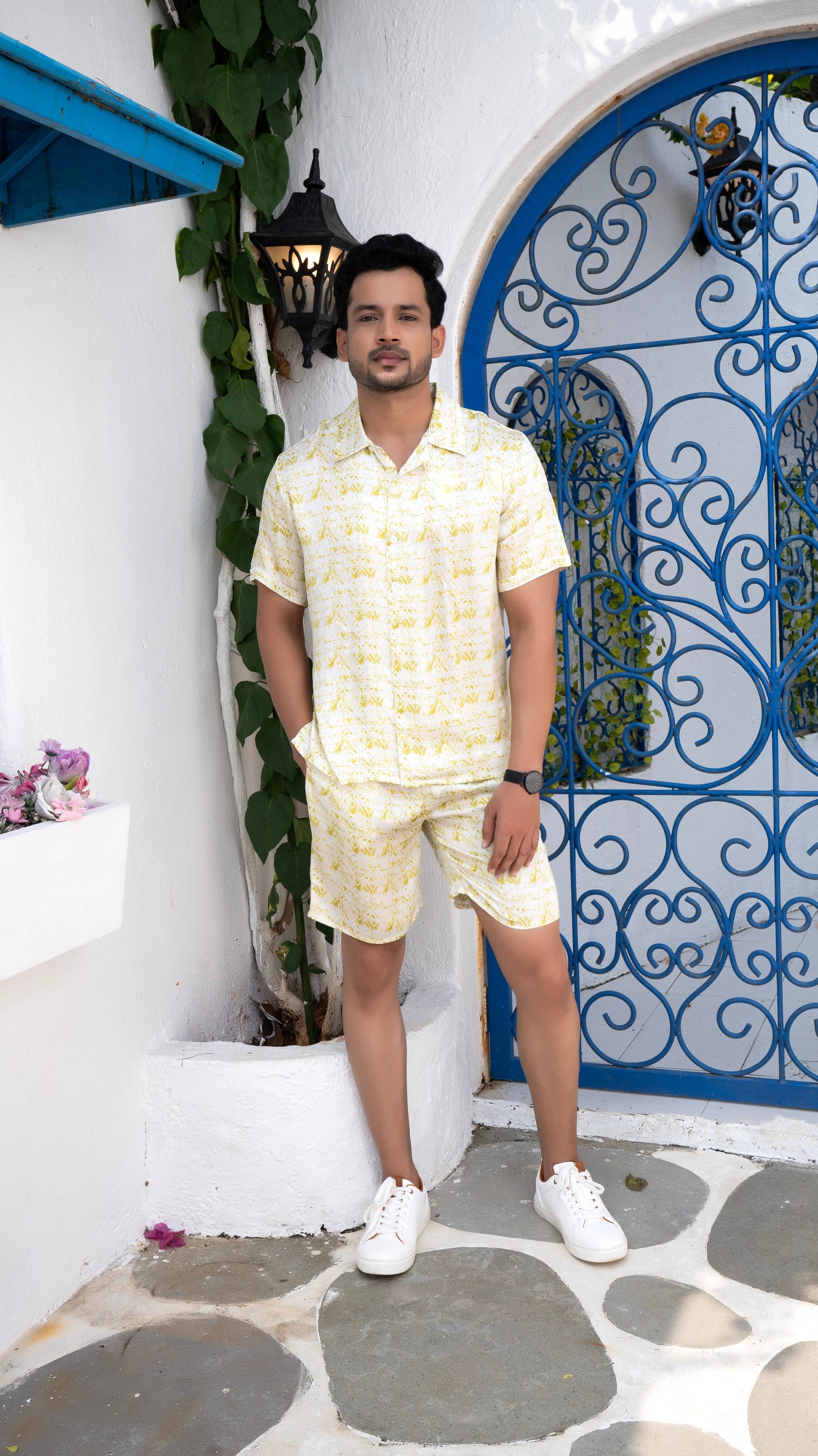 Noroke Cotton Satin White Chartreuse Co-ord Set Men - Swadesiicart