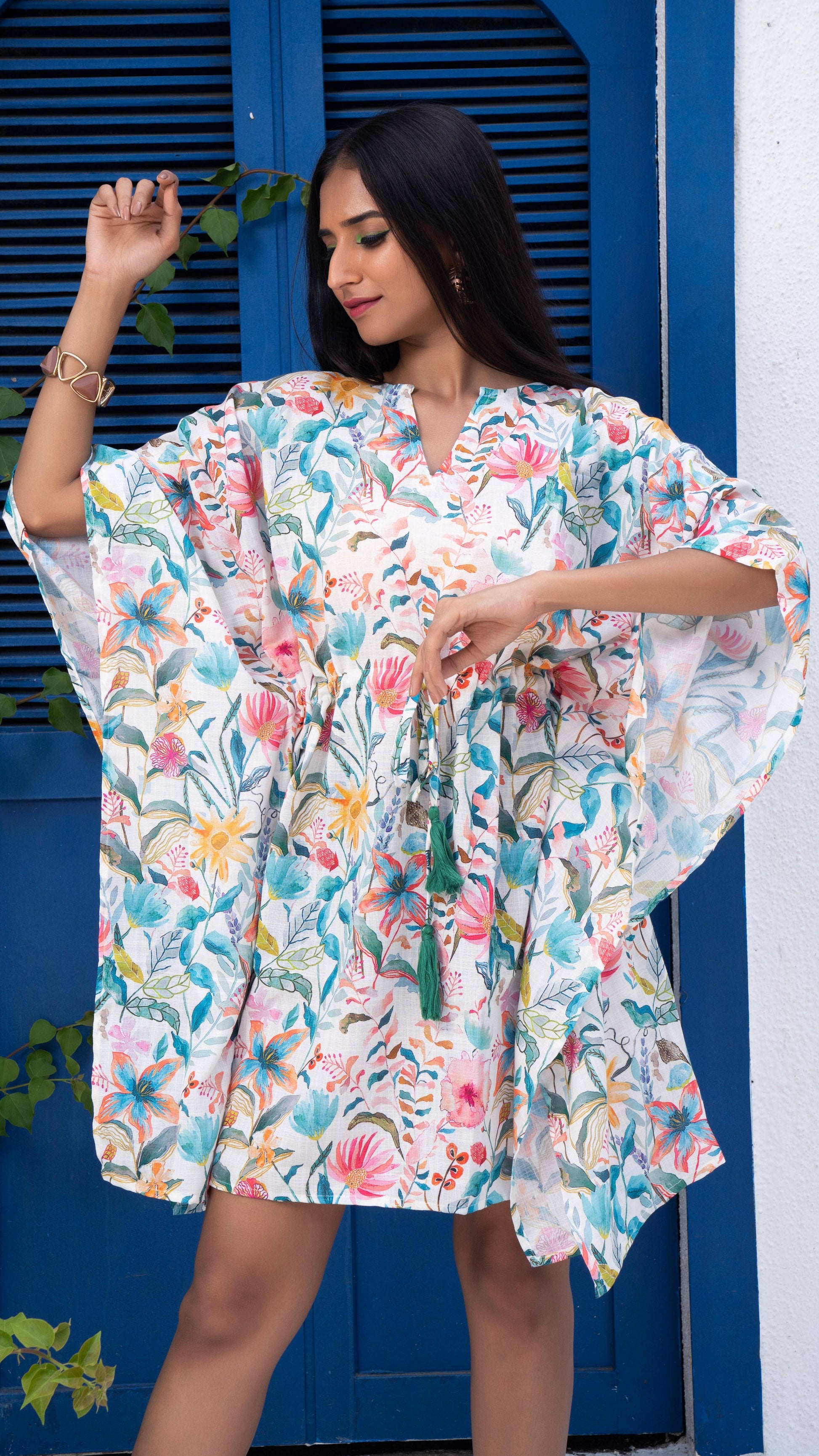 Noroke Linen Floral Short Kaftan Dress - Printed | Swadesiicart