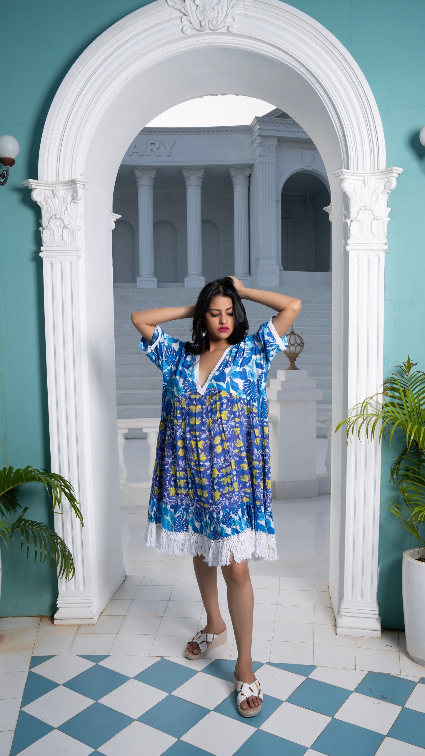 Noroke Sustainable fabric | Cupro Muslin Blue Pottery Tassel Dress | Swadesiicart