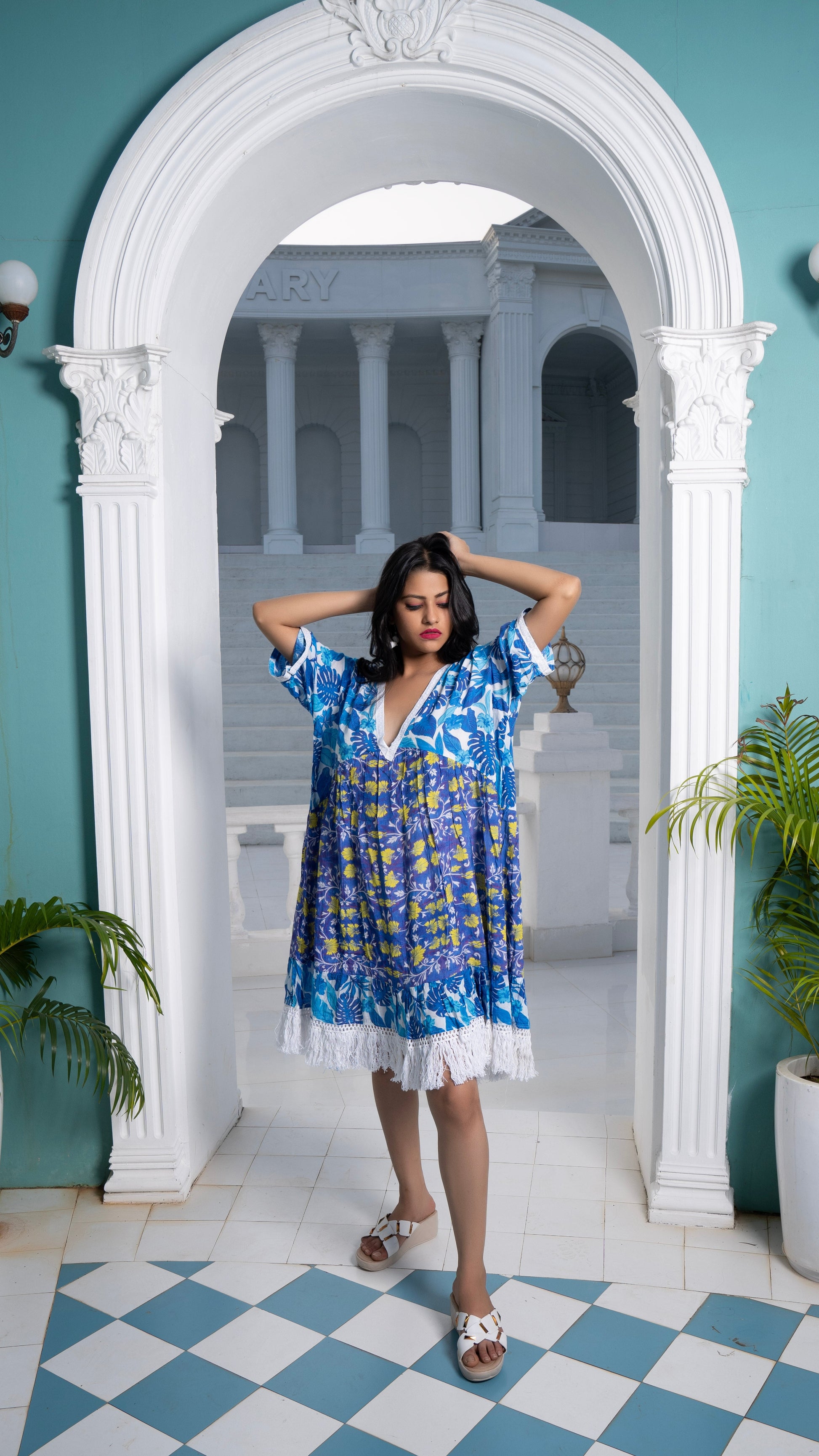 Noroke Sustainable fabric | Cupro Muslin Blue Pottery Tassel Dress | Swadesiicart