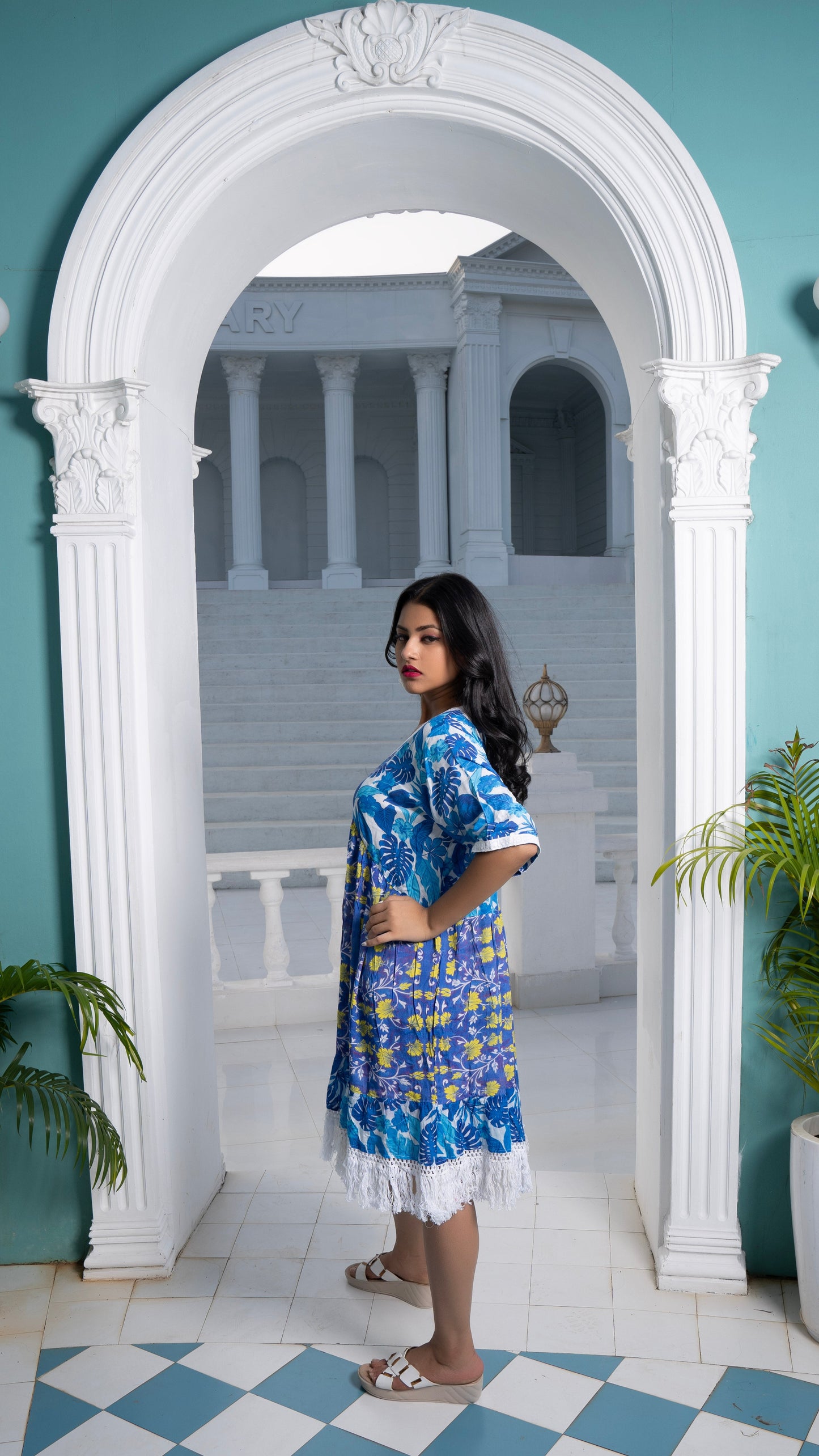 Noroke Sustainable fabric | Cupro Muslin Blue Pottery Tassel Dress | Swadesiicart