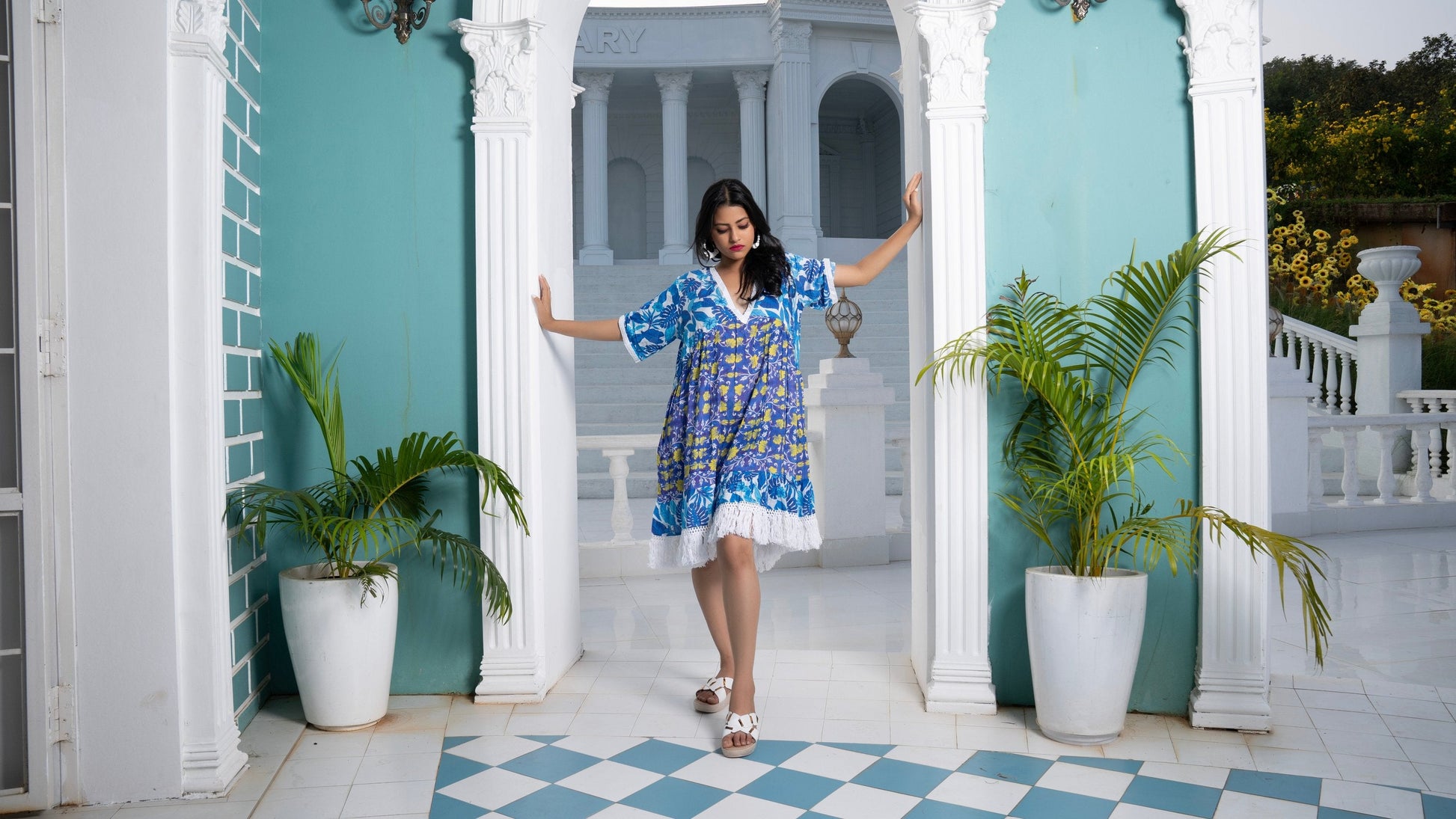 Noroke Sustainable fabric | Cupro Muslin Blue Pottery Tassel Dress | Swadesiicart