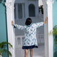 Noroke Sustainable fabric | Mushroom Bemberg Double Collar Tunic Dress - White Blue | Swadesiicart