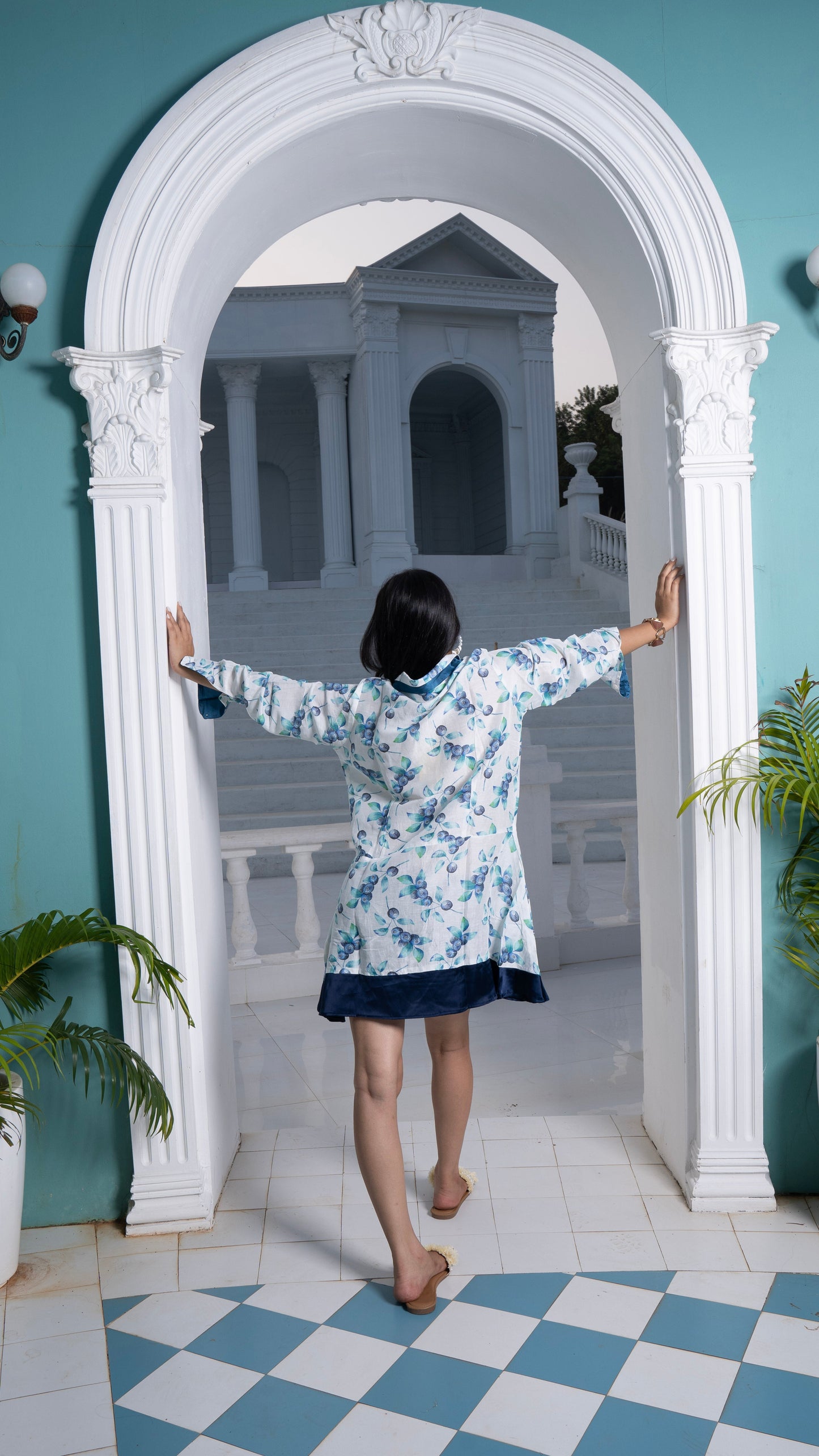 Noroke Sustainable fabric | Mushroom Bemberg Double Collar Tunic Dress - White Blue | Swadesiicart