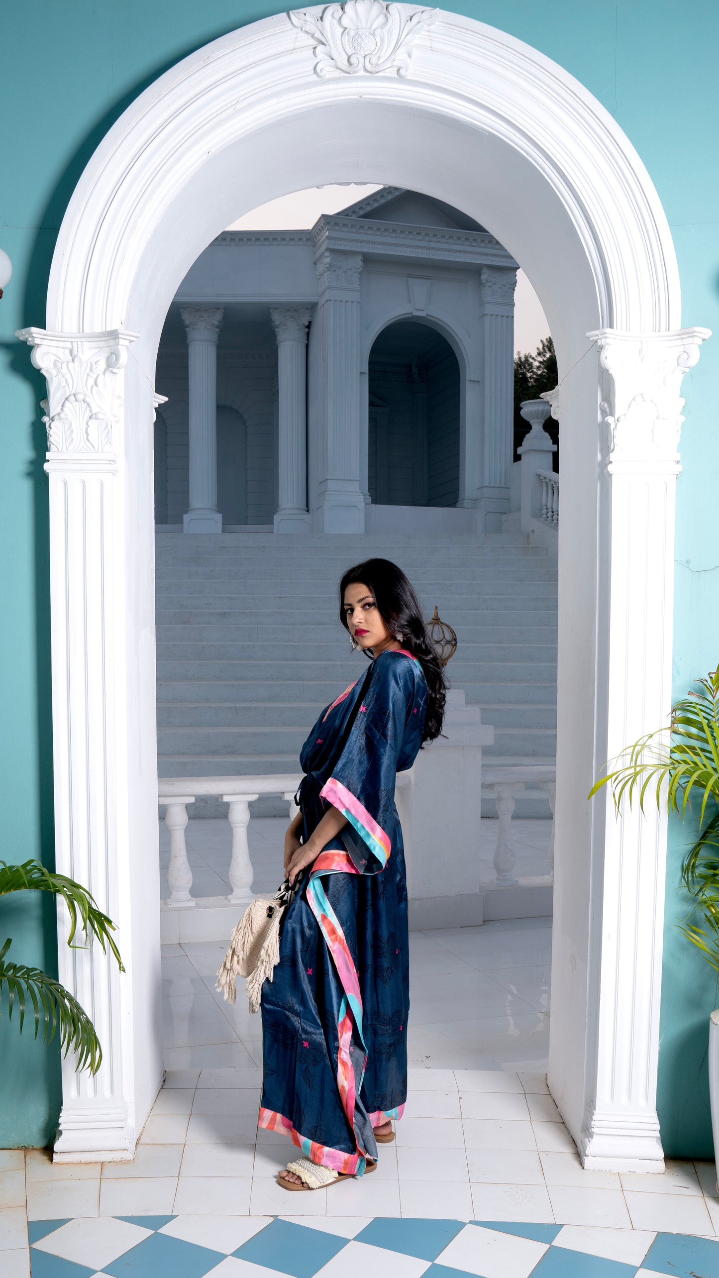 Noroke Modal Steel Blue Printed Long Kaftan | Swadesiicart