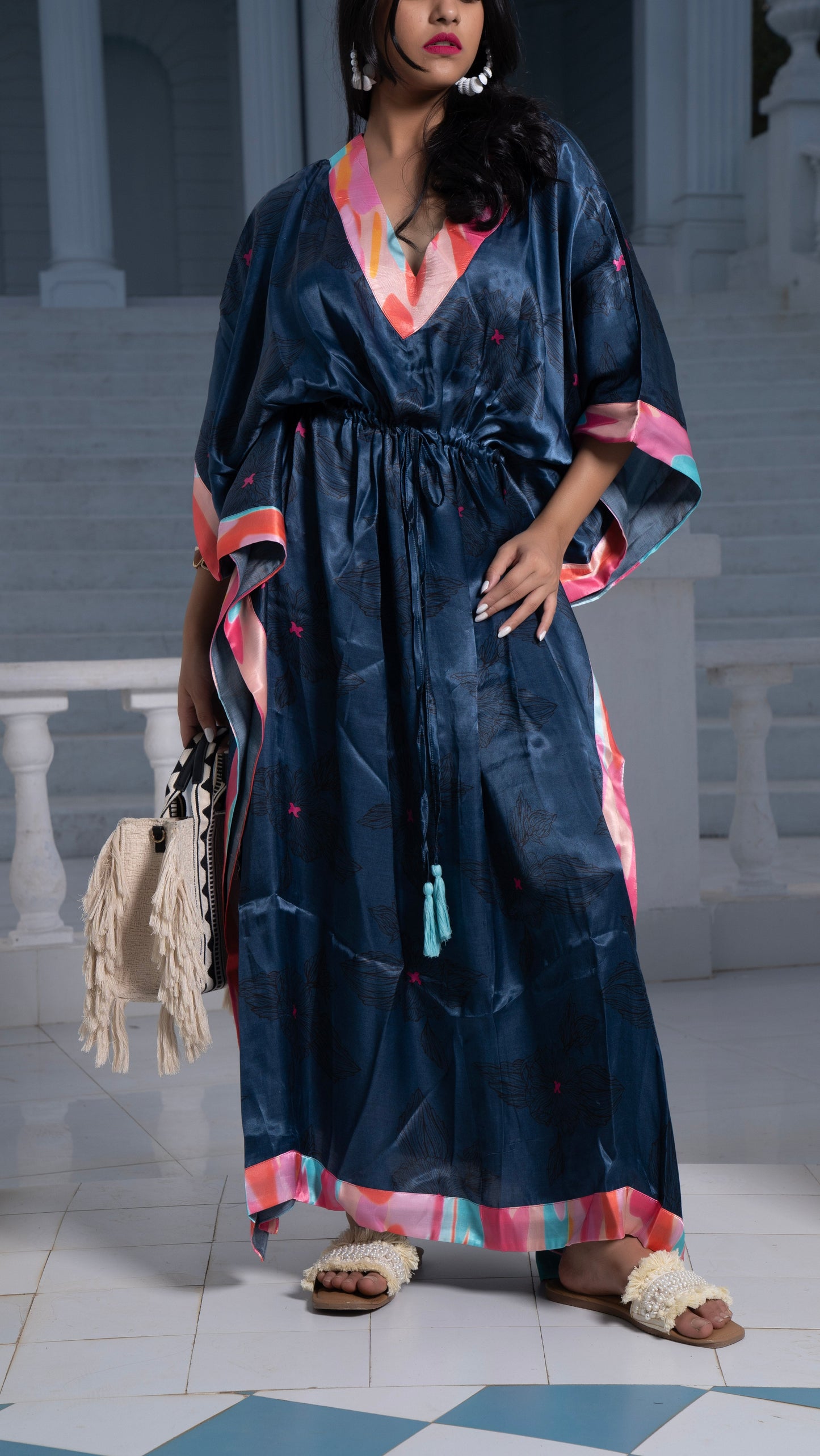 Noroke Modal Steel Blue Printed Long Kaftan | Swadesiicart