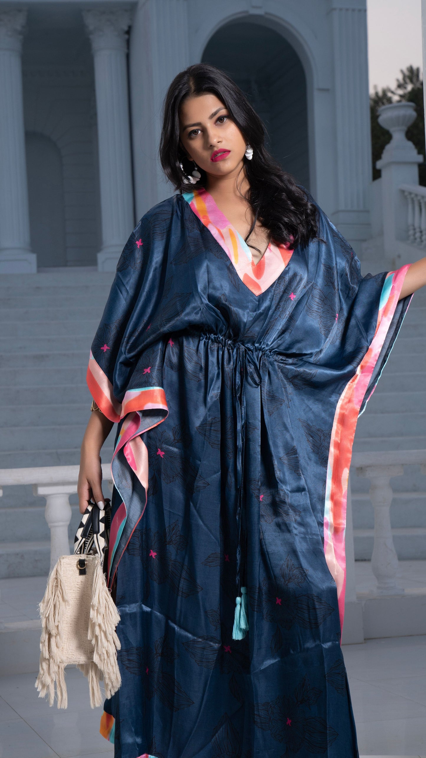 Noroke Modal Steel Blue Printed Long Kaftan | Swadesiicart