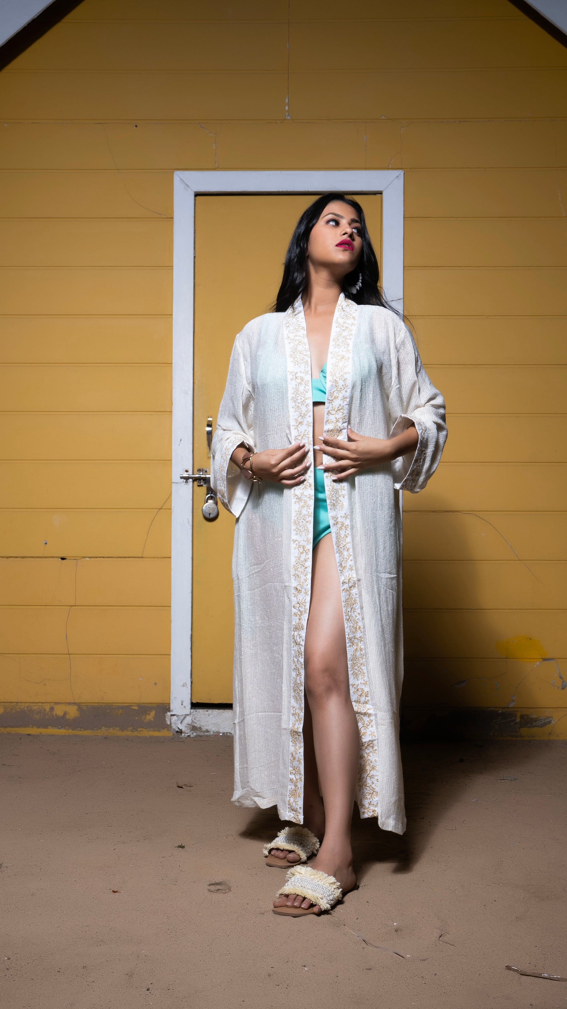 Noroke Sustainable fabric | Handloom Lurex Gold Silver Cover Up Kaftan - Gold Silver | Swadesiicart