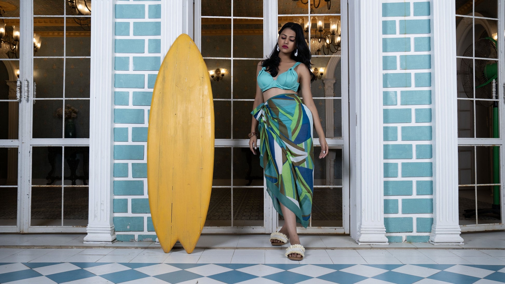 Noroke Modal Jade Geometric Sarong - Green | Swadesiicart