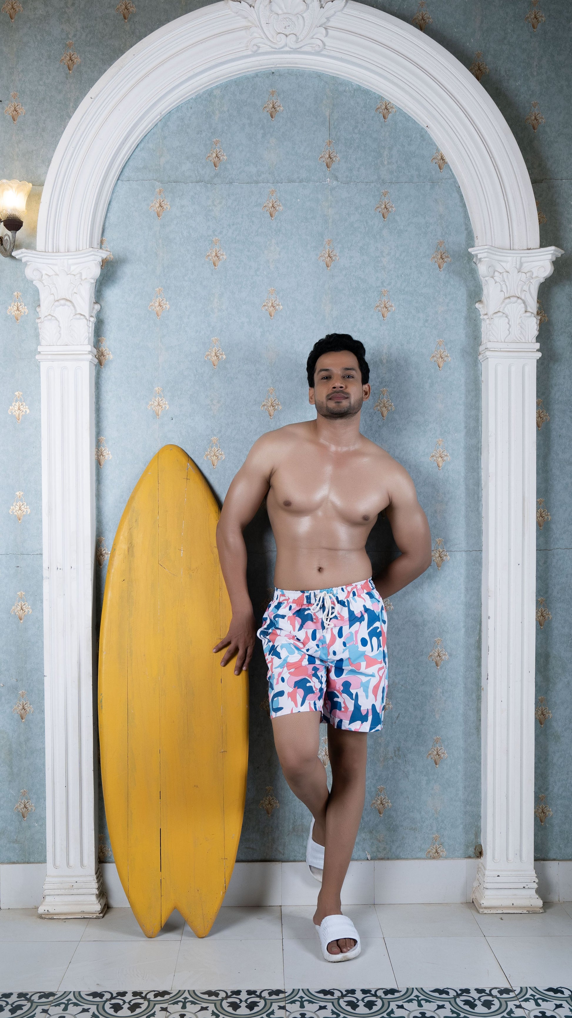 Noroke Sustainable fabric | Poly elastane Geometric Patterned Men Board Shorts | Swadesiicart