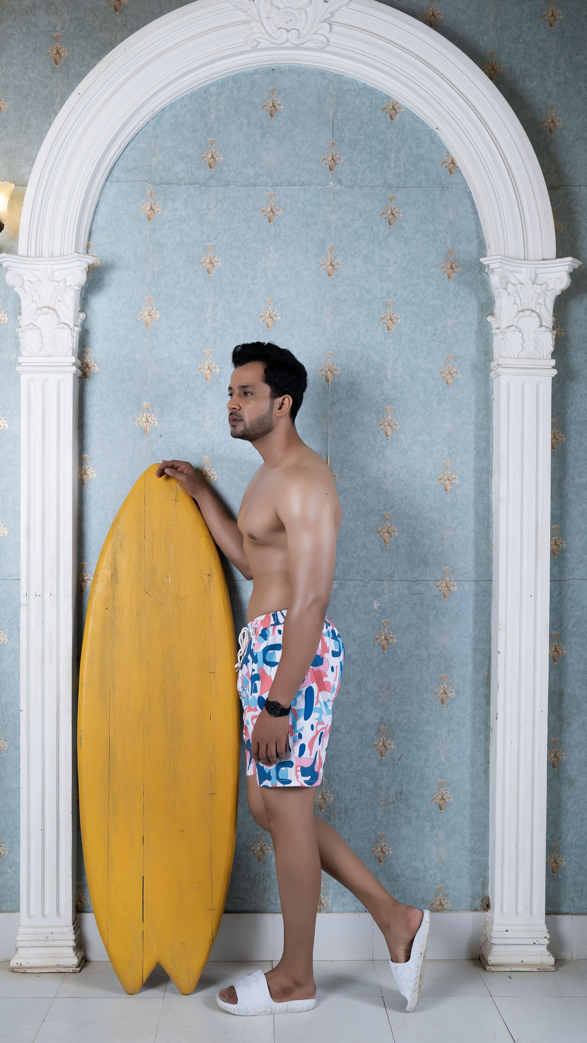 Noroke Sustainable fabric | Poly elastane Geometric Patterned Men Board Shorts | Swadesiicart
