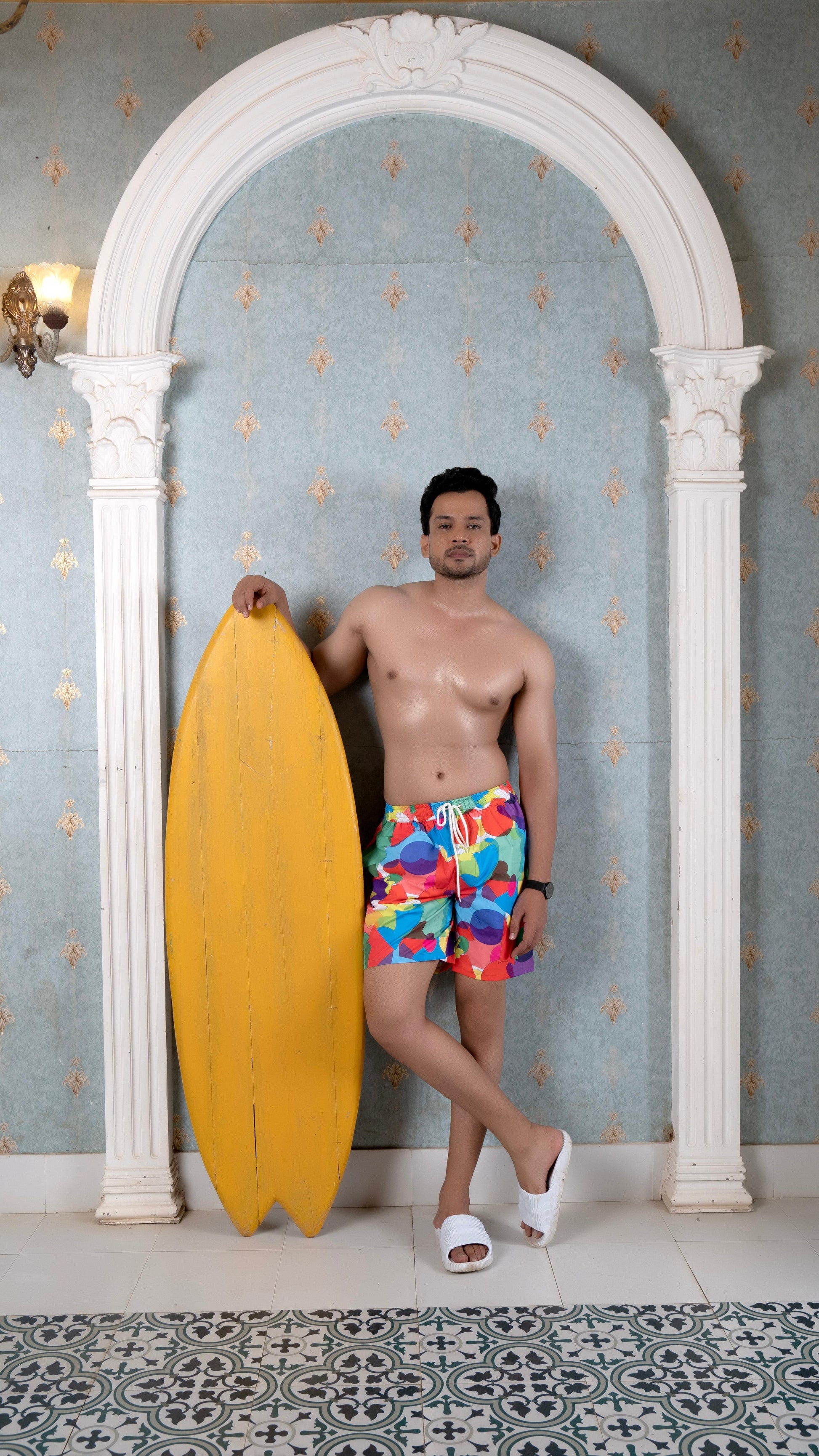 Noroke Sustainable fabric | Poly elastane Red Geometric Patterned Men Board Shorts | Swadesiicart