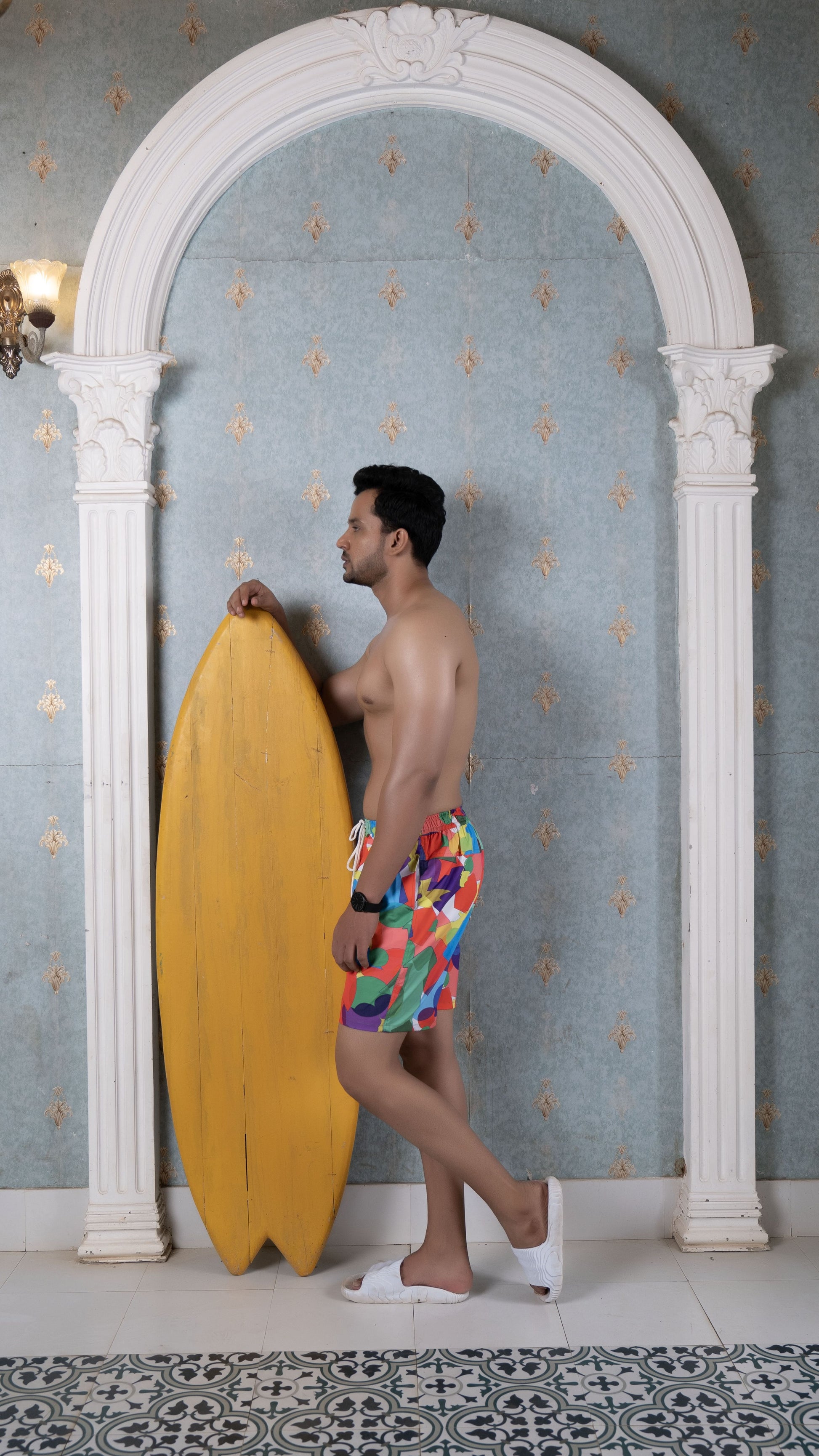 Noroke Sustainable fabric | Poly elastane Red Geometric Patterned Men Board Shorts | Swadesiicart