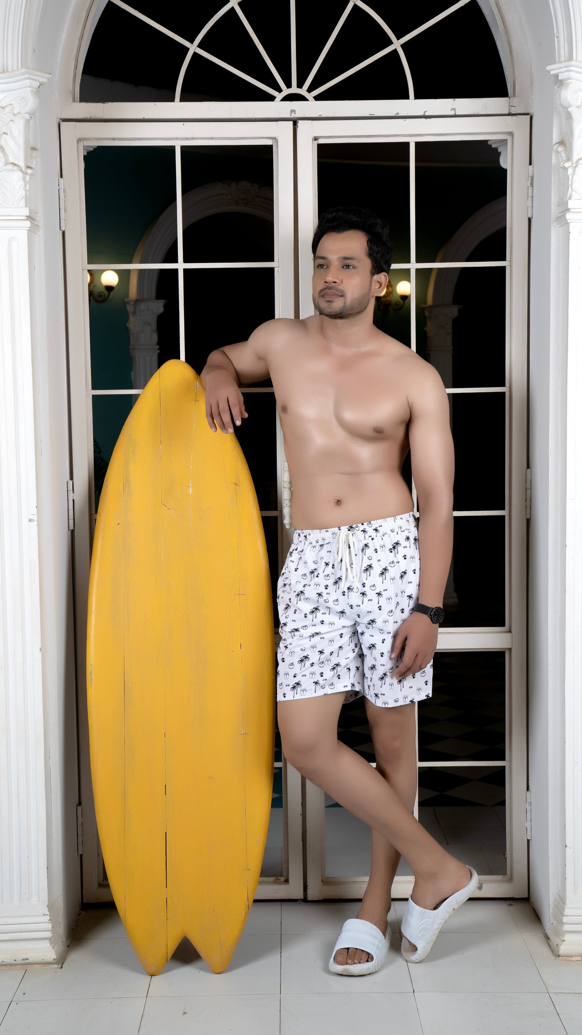 Noroke Sustainable fabric | Poly elastane Coconut Patterned Men Board Shorts | Swadesiicart