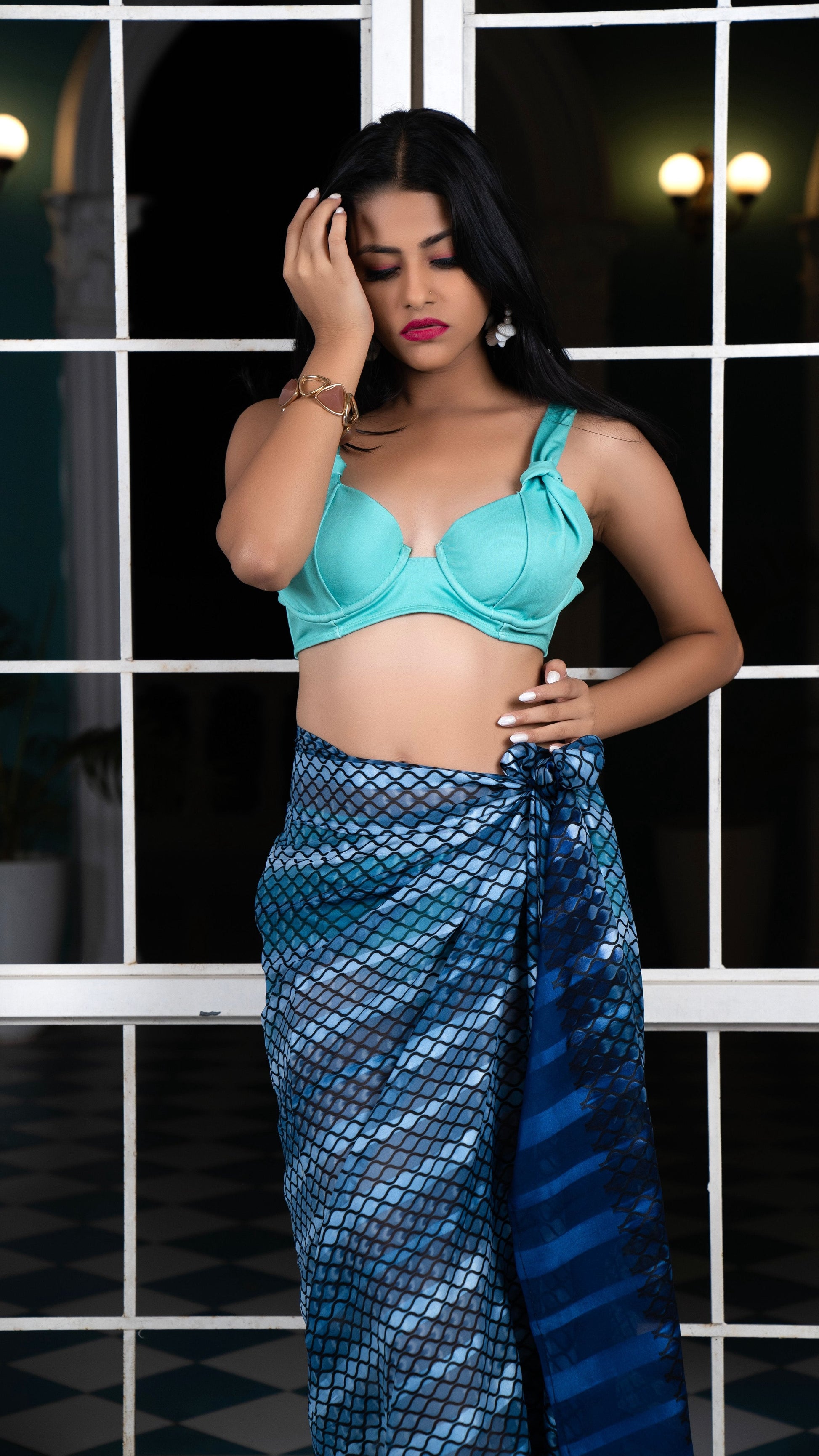 Noroke Silk Metallic Sheen Silk Sarong - Blue | Swadesiicart