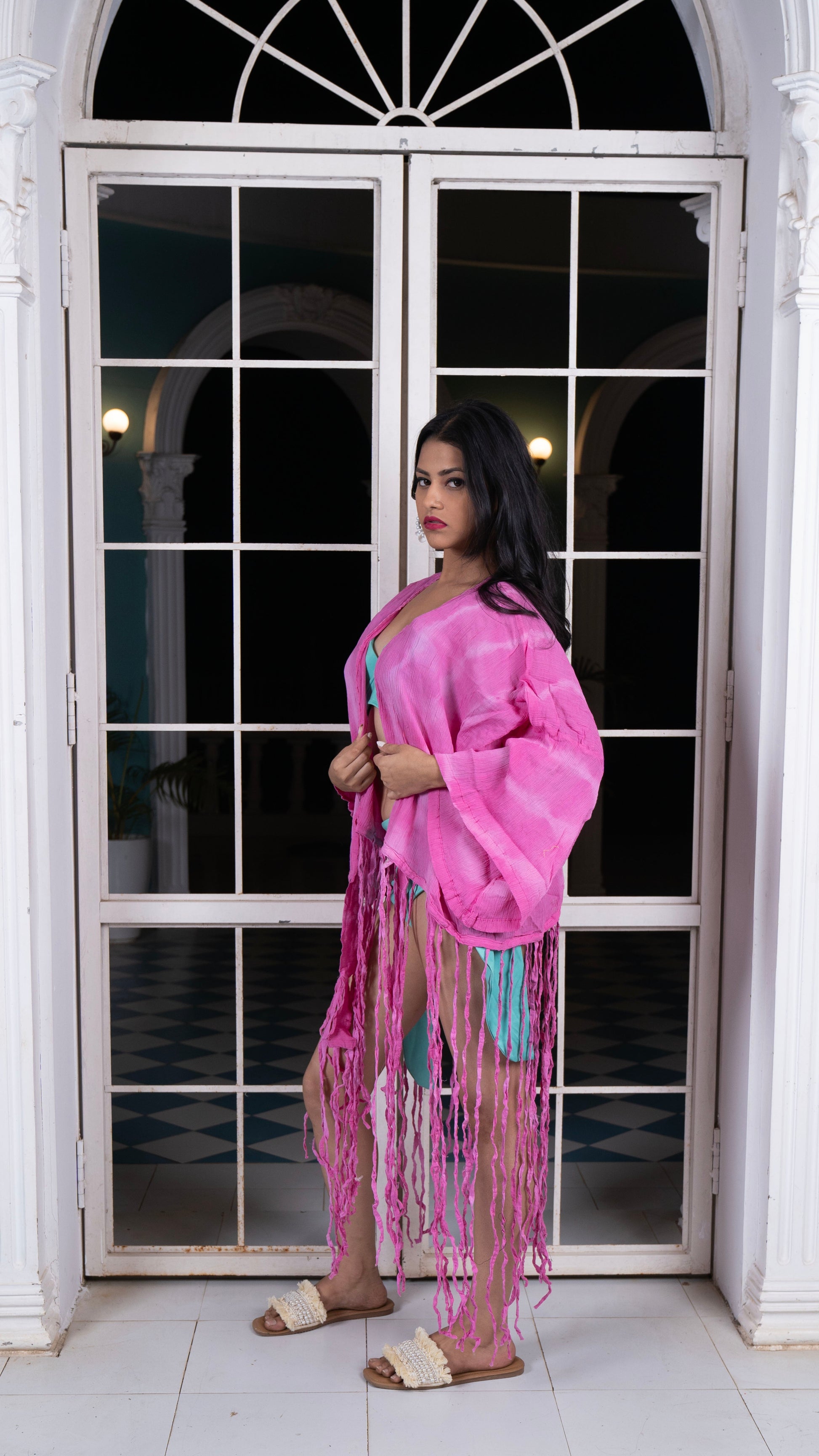 Noroke Crepe Fringes Beachwear Cover Up - Pink | Swadesiicart