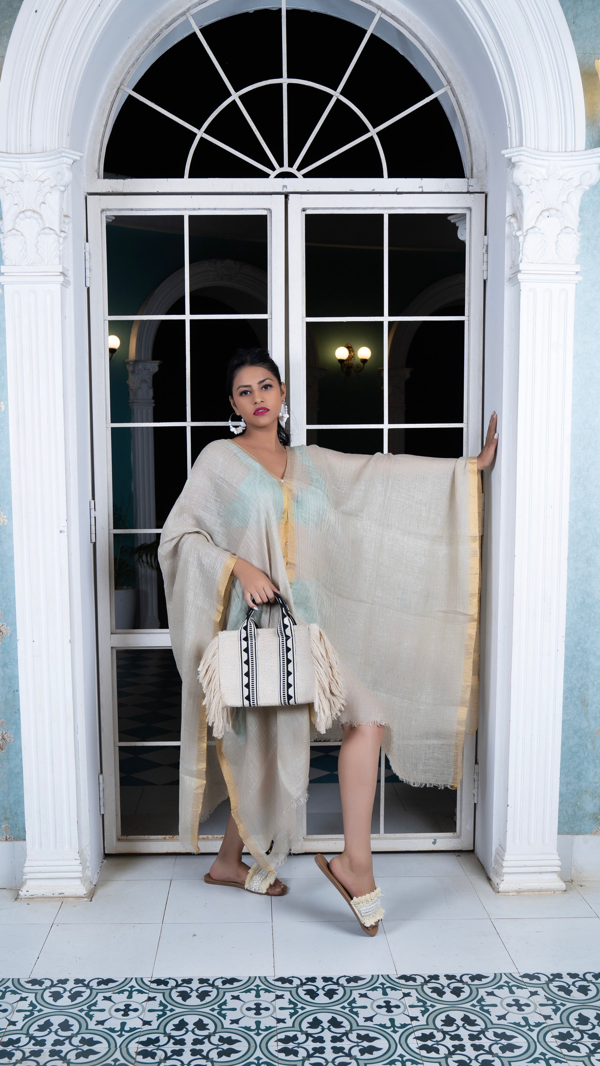 Noroke Linen Grey Gold Beachwear Cover Up | Swadesiicart