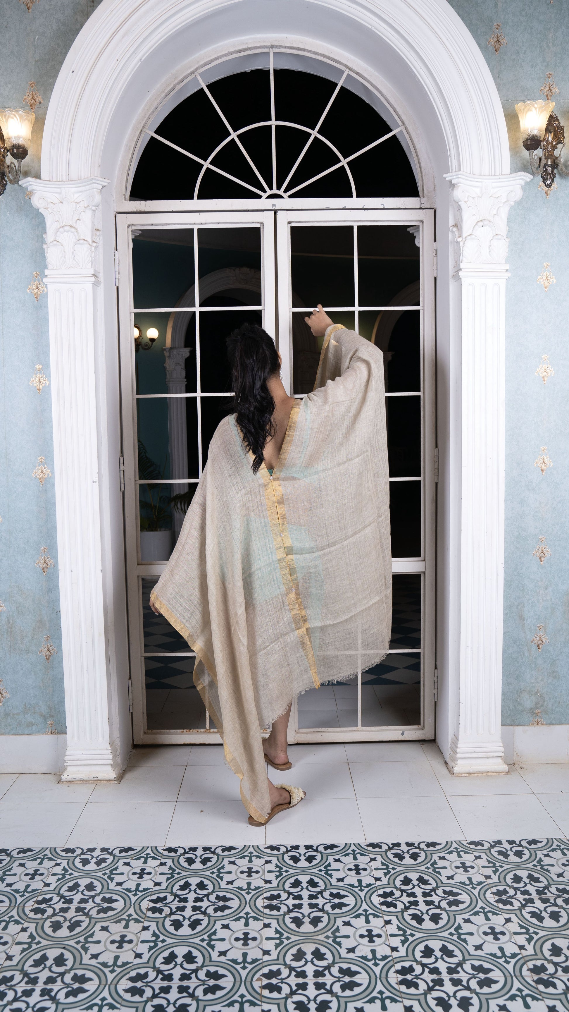 Noroke Linen Grey Gold Beachwear Cover Up | Swadesiicart