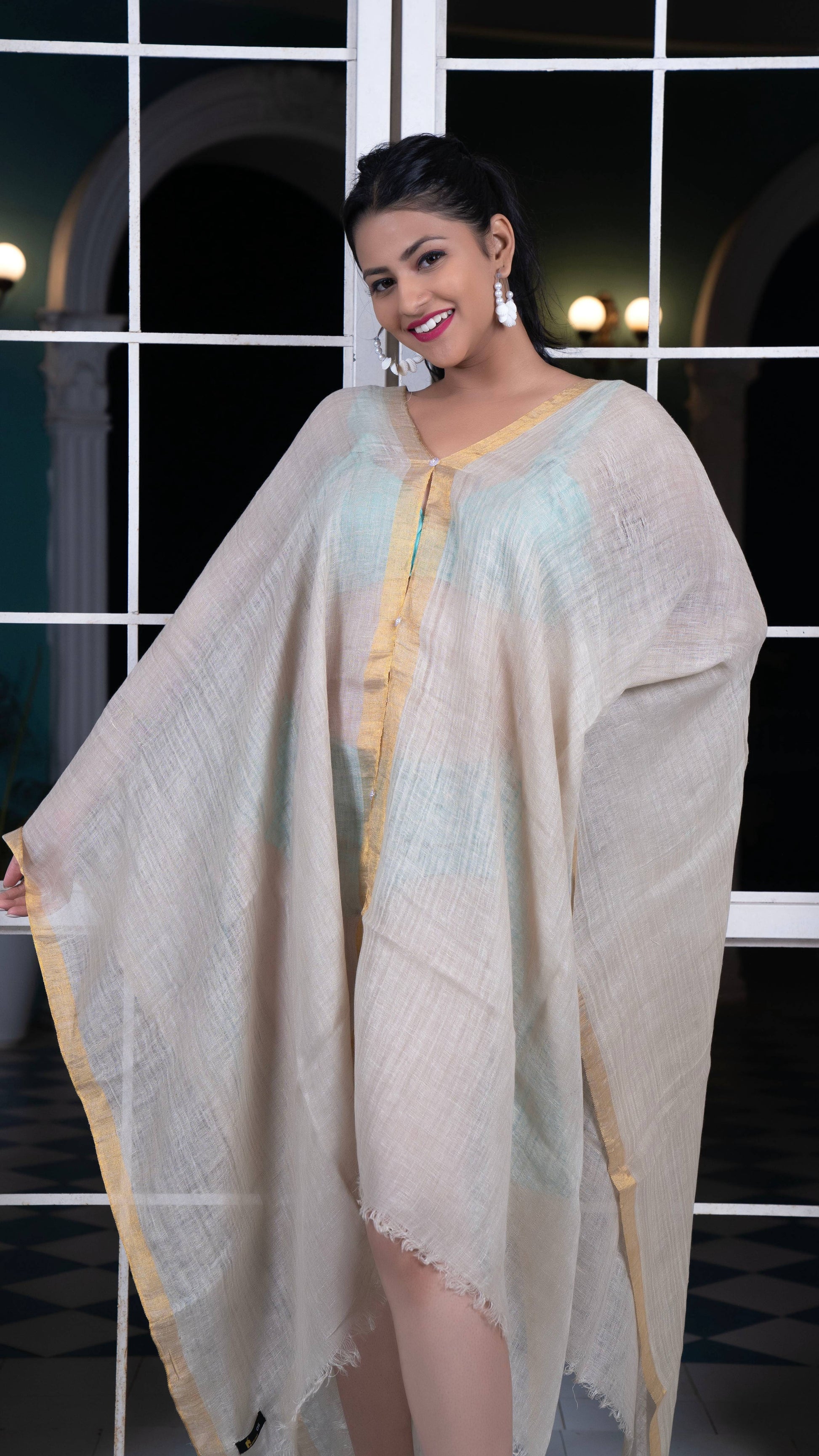 Noroke Linen Grey Gold Beachwear Cover Up | Swadesiicart