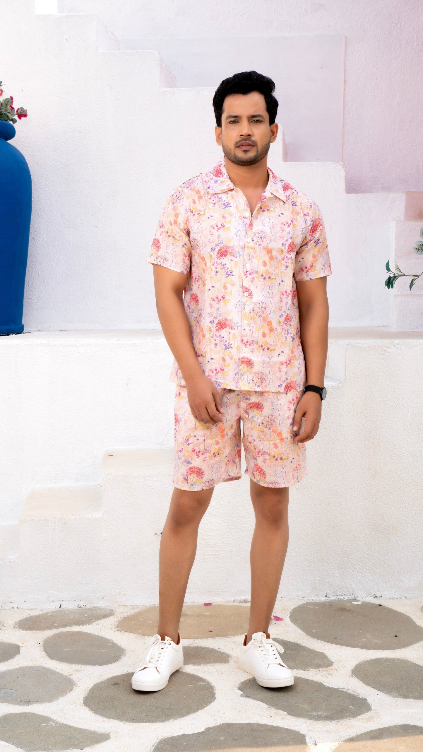 Noroke Sustainable fabric | Linen Cotton Linen White Floral Couple Co-ord Set - Swadesiicart