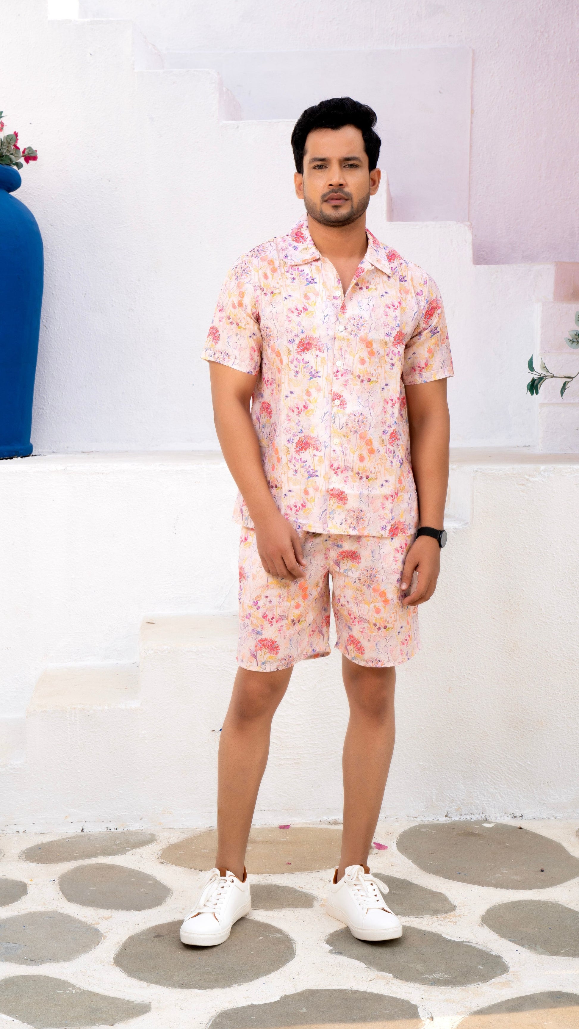 Noroke Sustainable fabric | Linen Cotton Linen White Floral Couple Co-ord Set - Swadesiicart