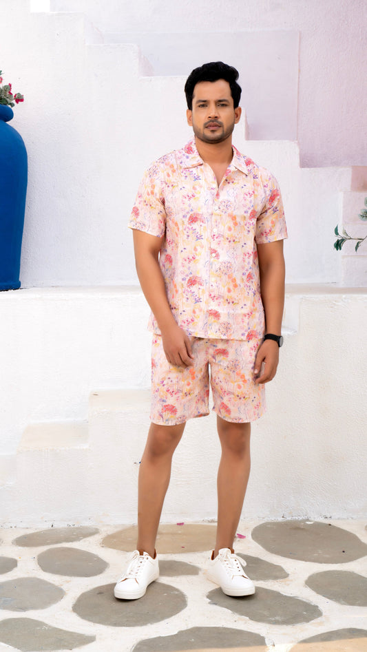 Noroke Sustainable fabric | Linen Cotton Linen White Floral Couple Co-ord Set - Swadesiicart