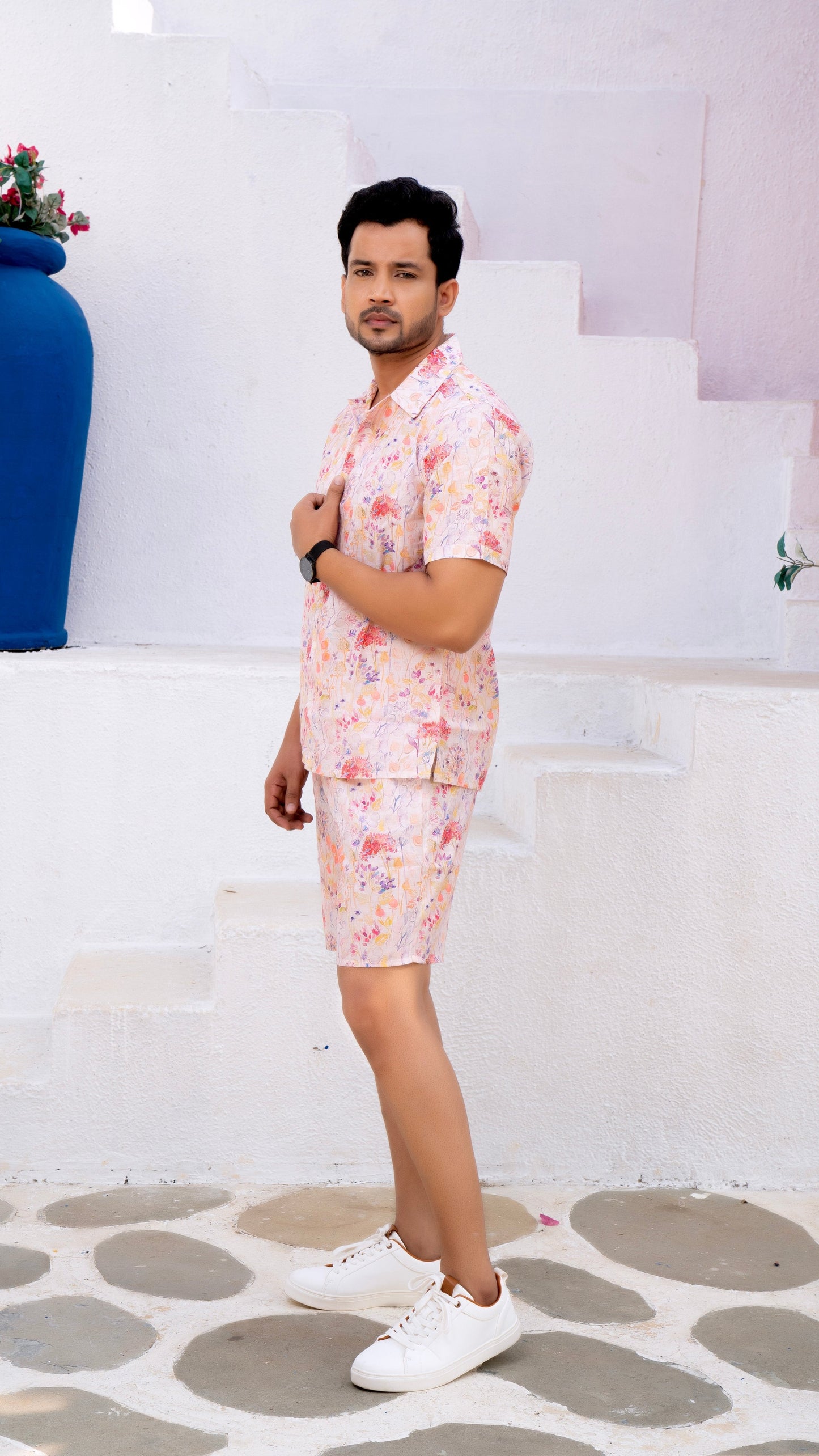 Noroke Linen White Floral Co-ord Set Men - Swadesiicart