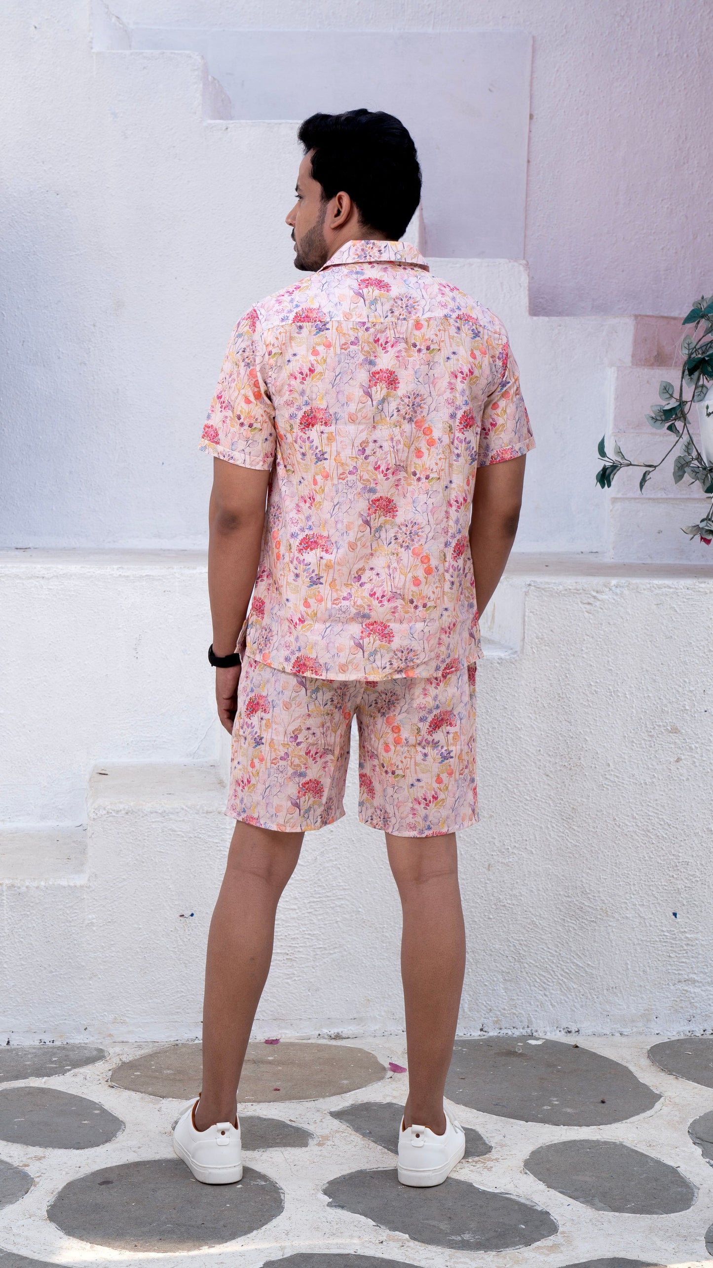 Noroke Linen White Floral Co-ord Set Men - Swadesiicart