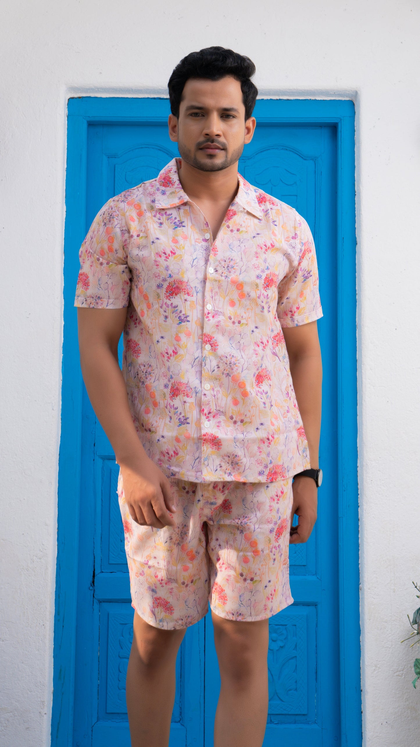 Noroke Linen White Floral Co-ord Set Men - Swadesiicart