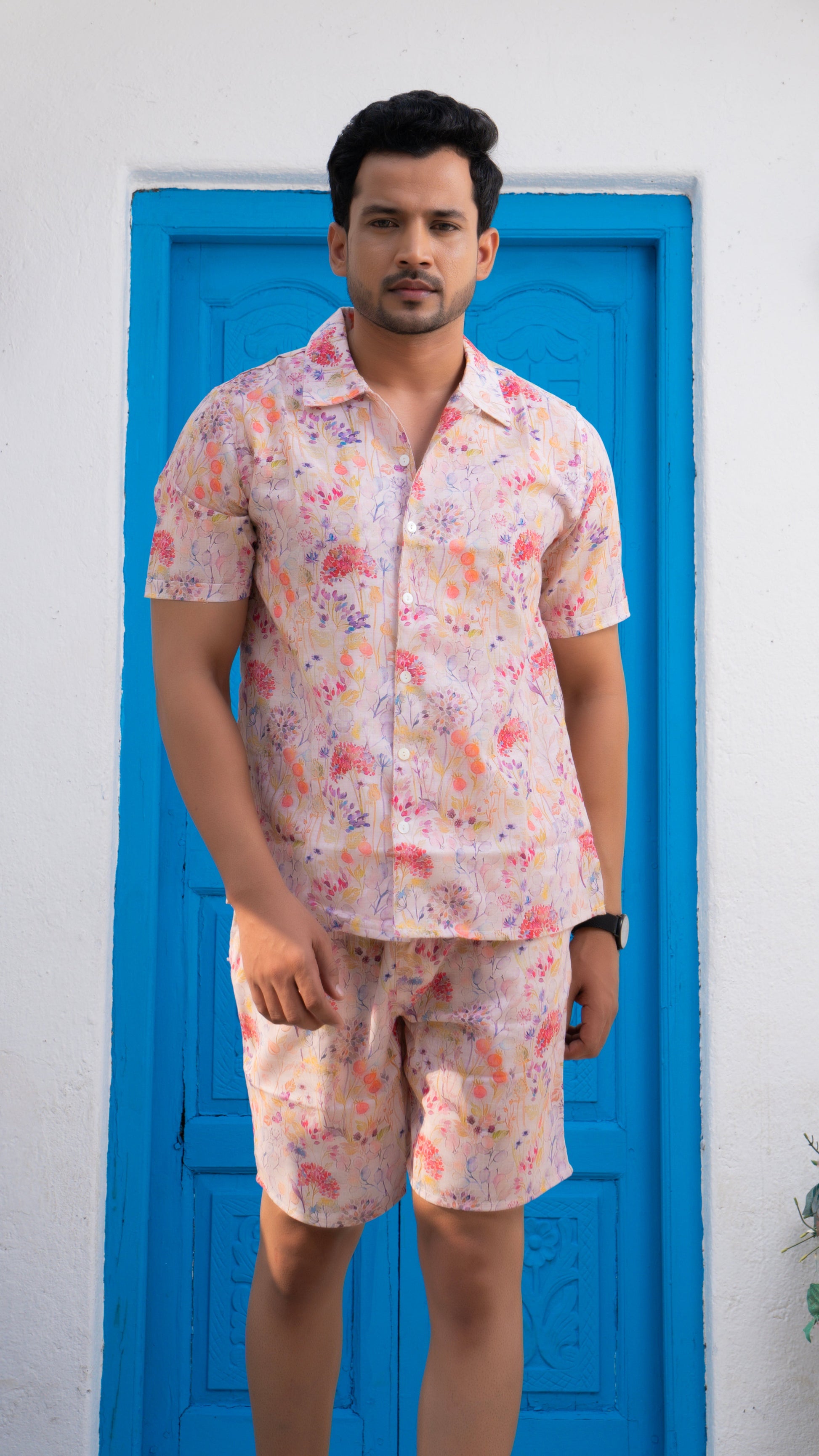 Noroke Linen White Floral Co-ord Set Men - Swadesiicart