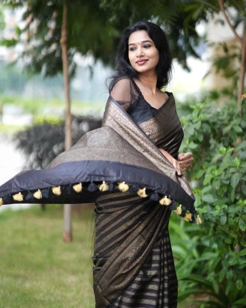 Vamika Weaving Banarasi Jacquard Black Kanjivaram Saree | Swadesiicart